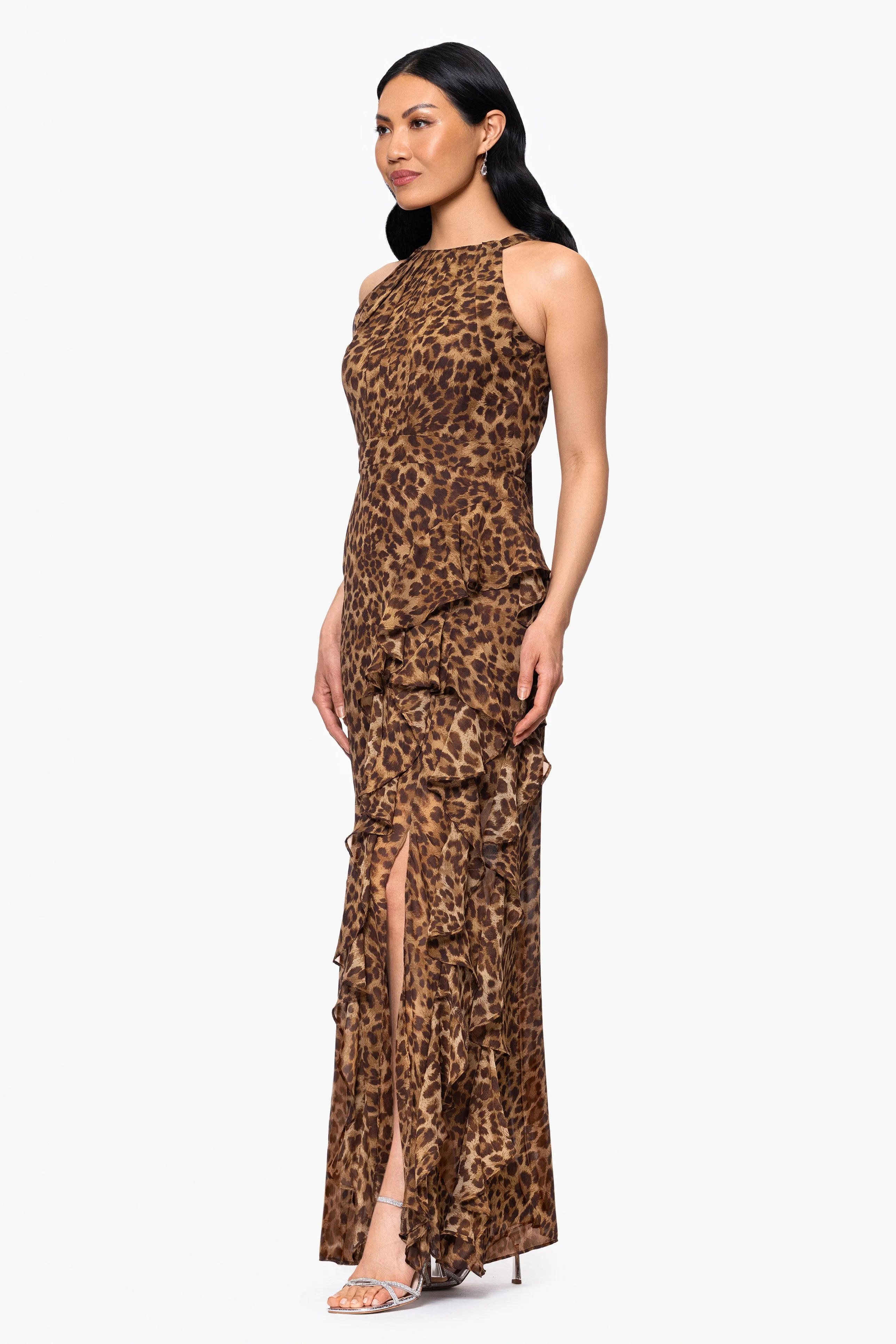 "Andie" Print Chiffon Halter Neck Ruffle Floor Length Dress sold by Betsy & Adam product image thumbnail 4