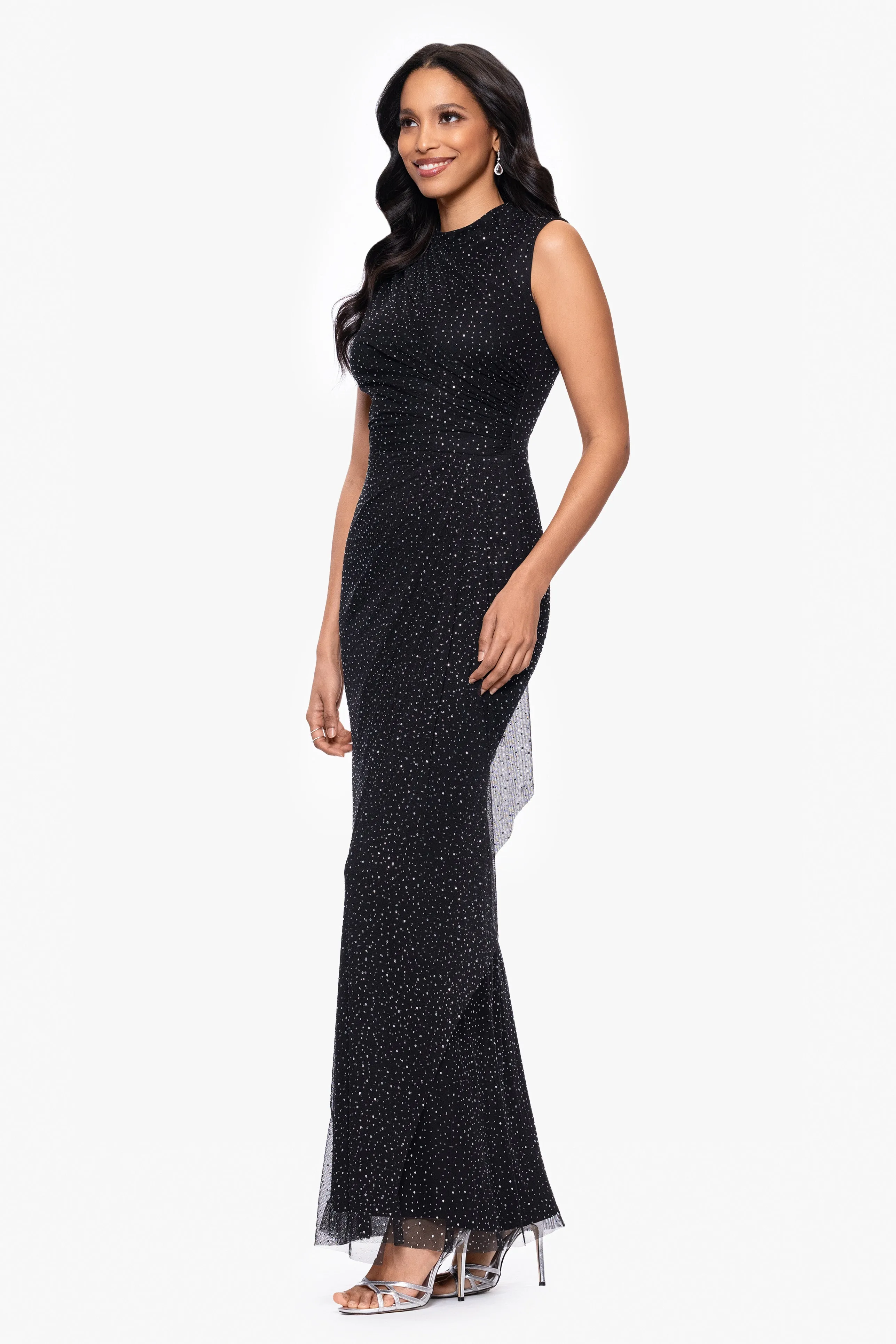 "Sasha" Long Mesh Stone Embellished Rouched Mock Neck Floor Length Dress sold by Betsy & Adam product image thumbnail 4