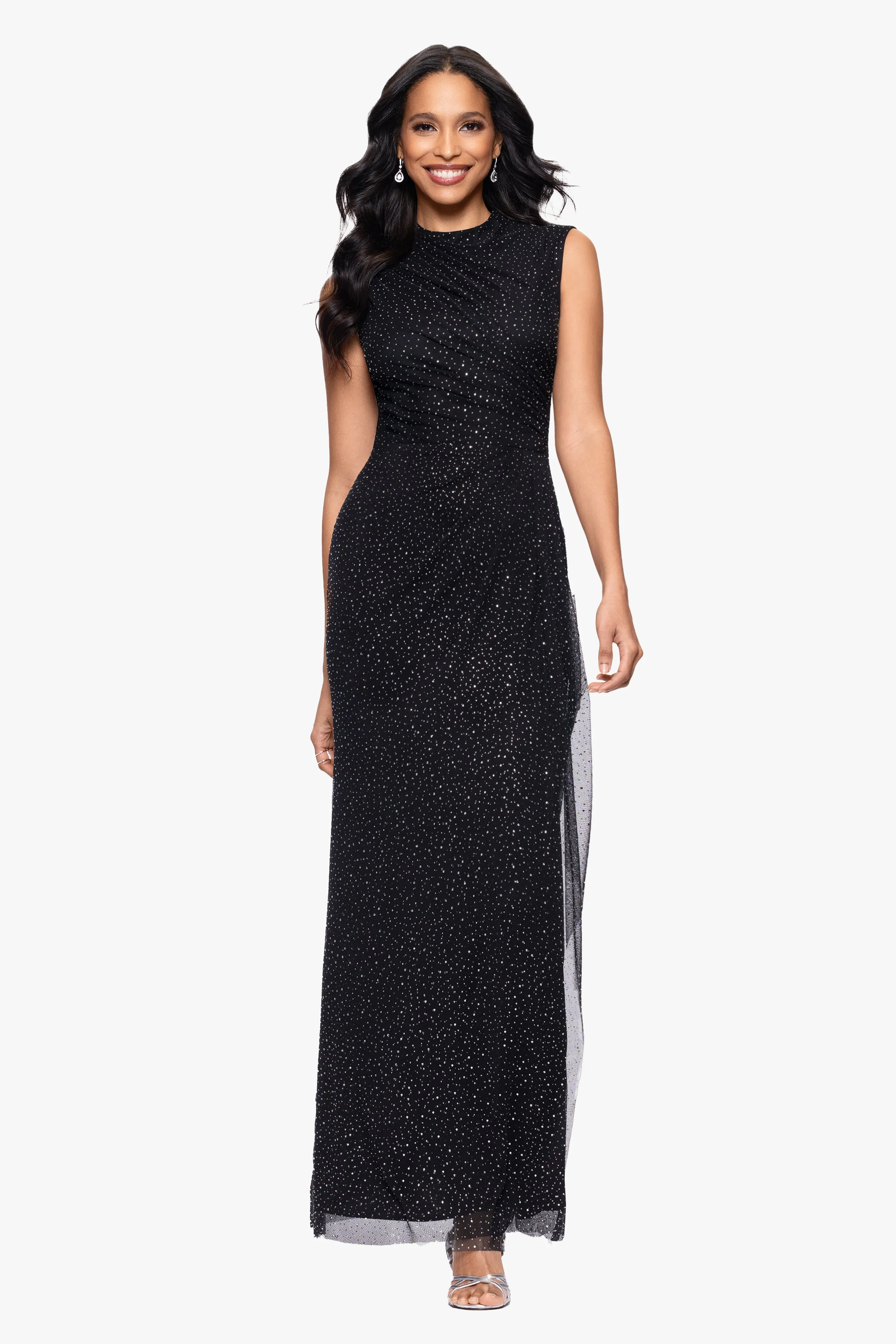 "Sasha" Long Mesh Stone Embellished Rouched Mock Neck Floor Length Dress sold by Betsy & Adam