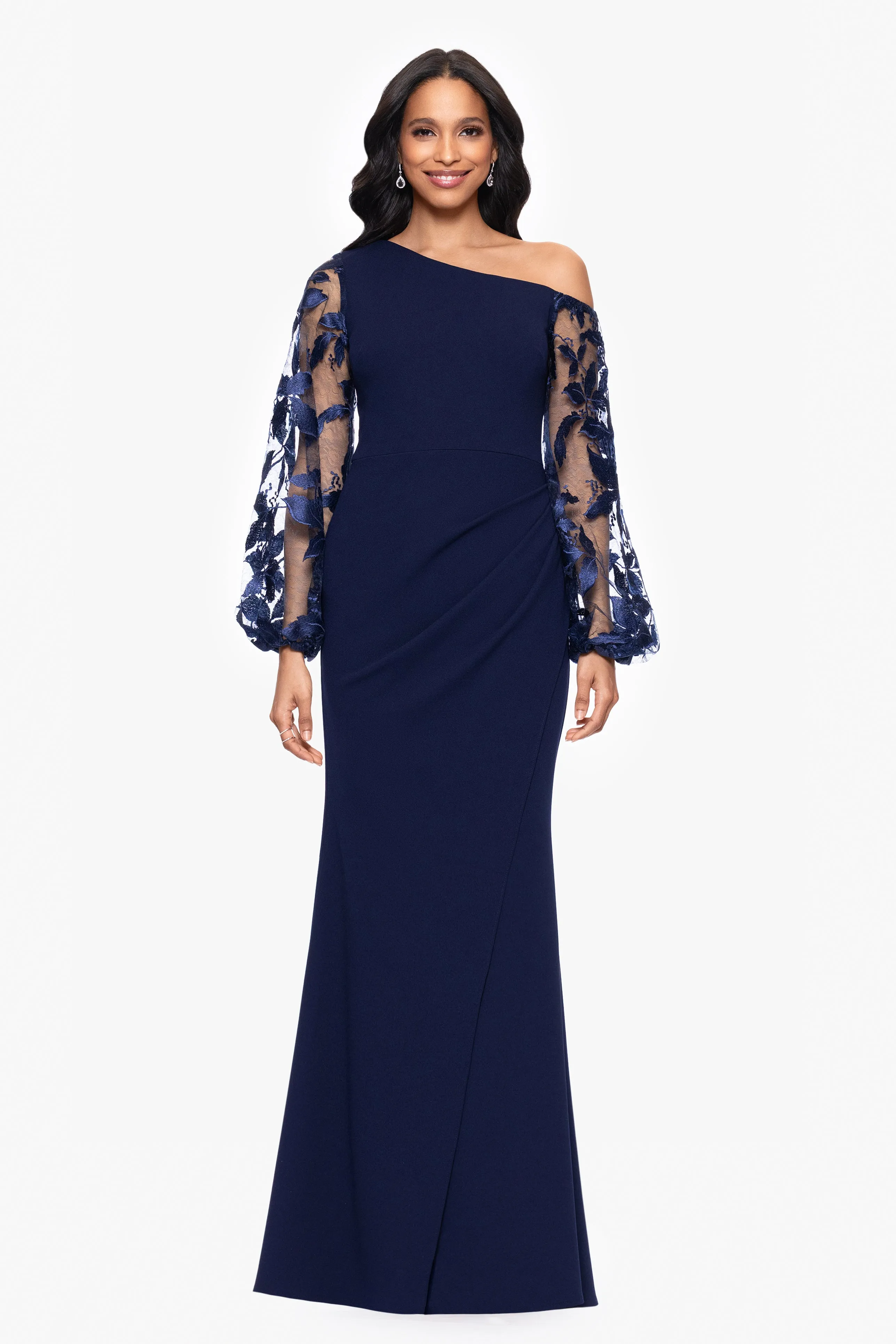 Petite "Reagan" Scuba Crepe Embroidered Long Sleeve Off Shoulder Floor Length Dress sold by Betsy & Adam