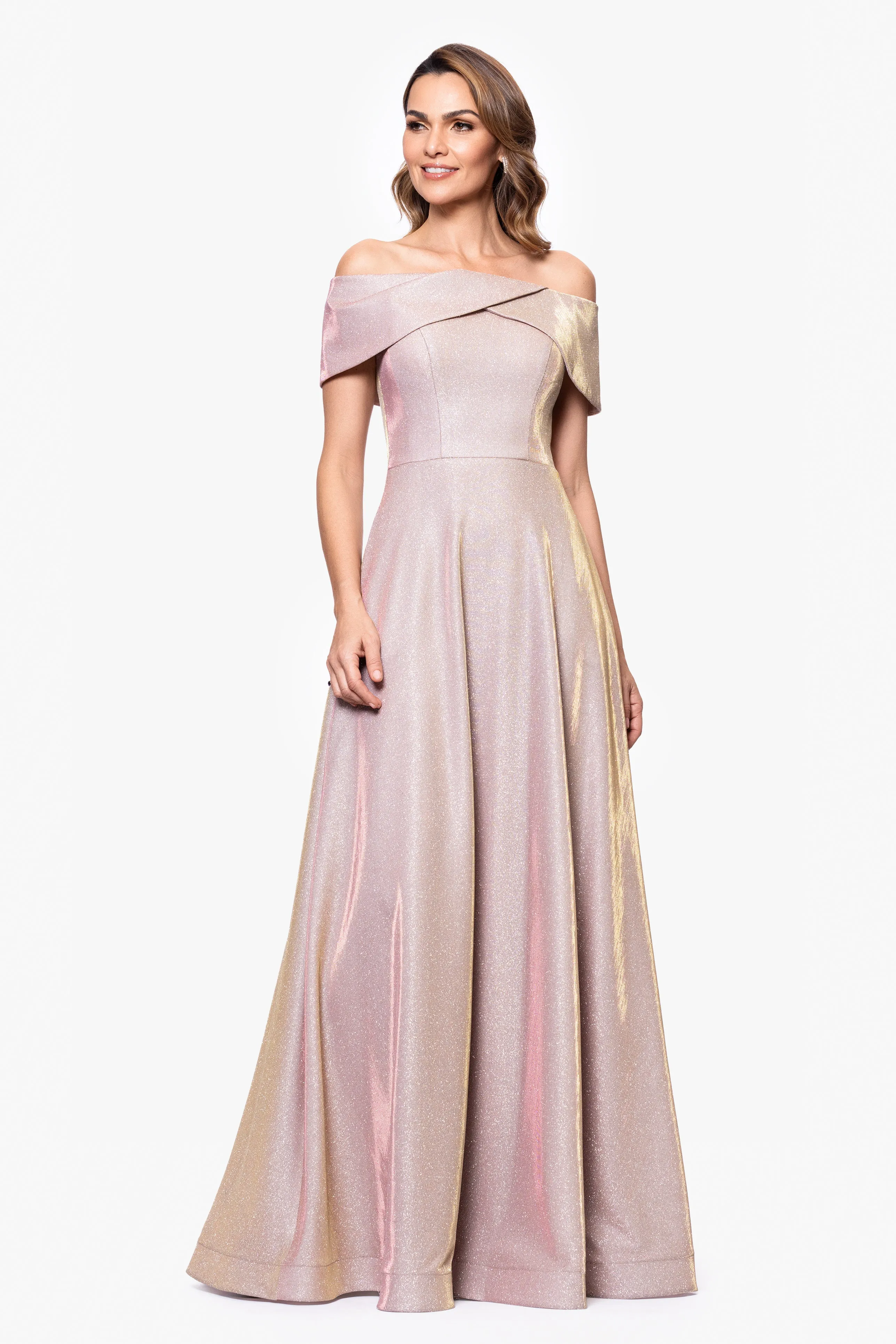 "Kendra" Galaxy Glitter Off the Shoulder Floor Length Gown sold by Betsy & Adam