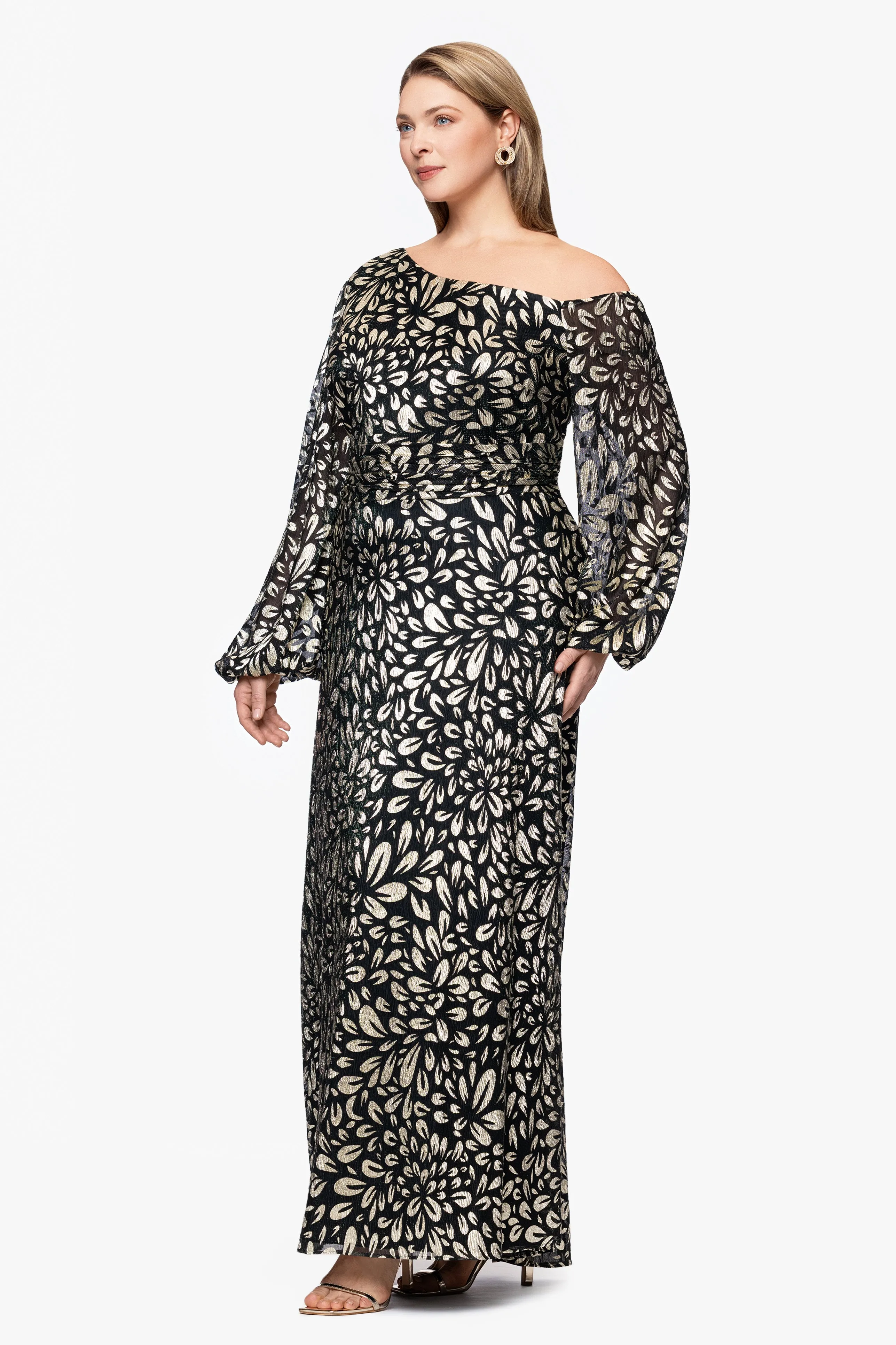 Plus "Malia" Metallic Off the Shoulder Long Sleeve Floor Length Dress sold by Betsy & Adam product image thumbnail 4
