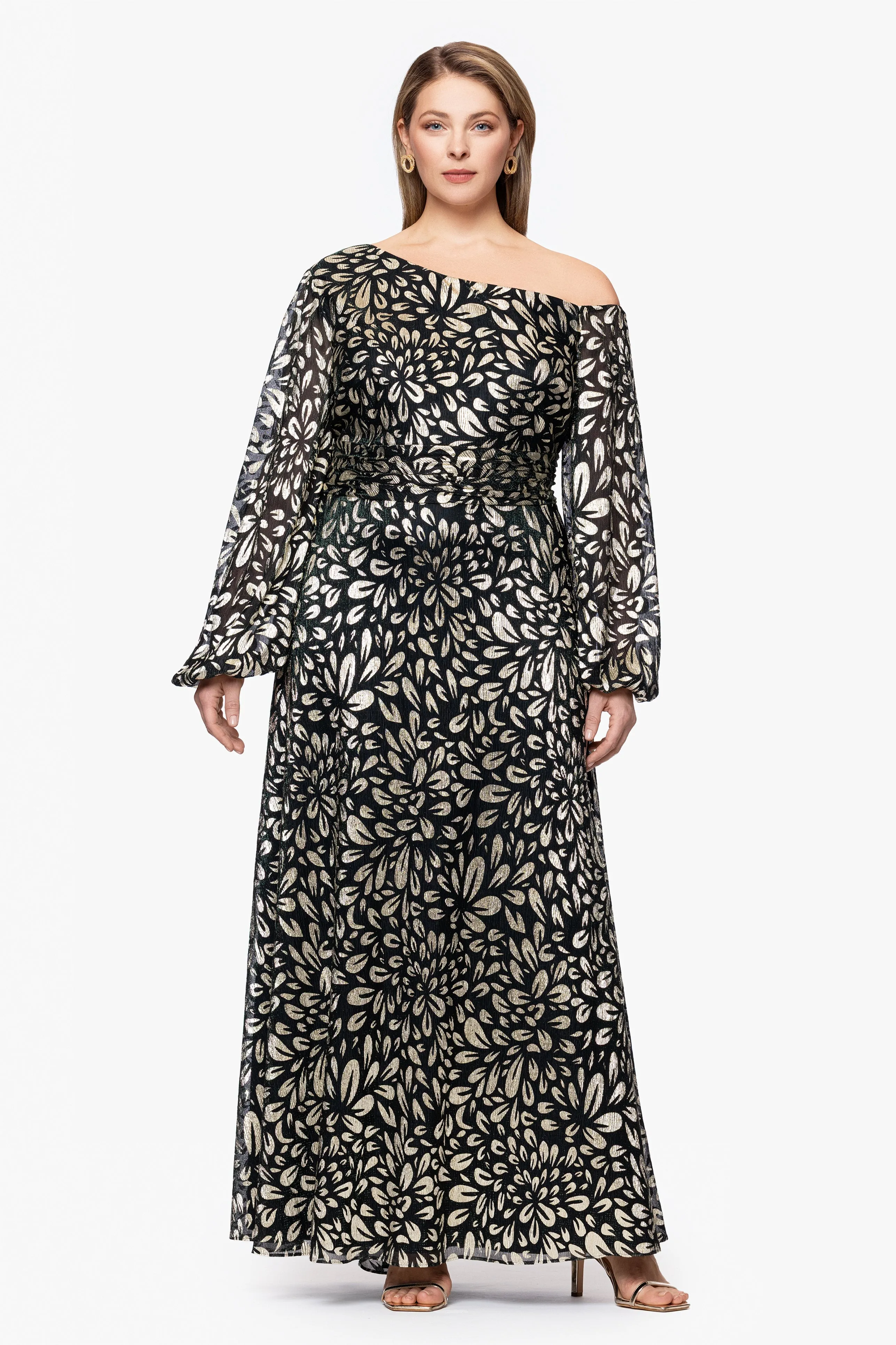Plus "Malia" Metallic Off the Shoulder Long Sleeve Floor Length Dress sold by Betsy & Adam