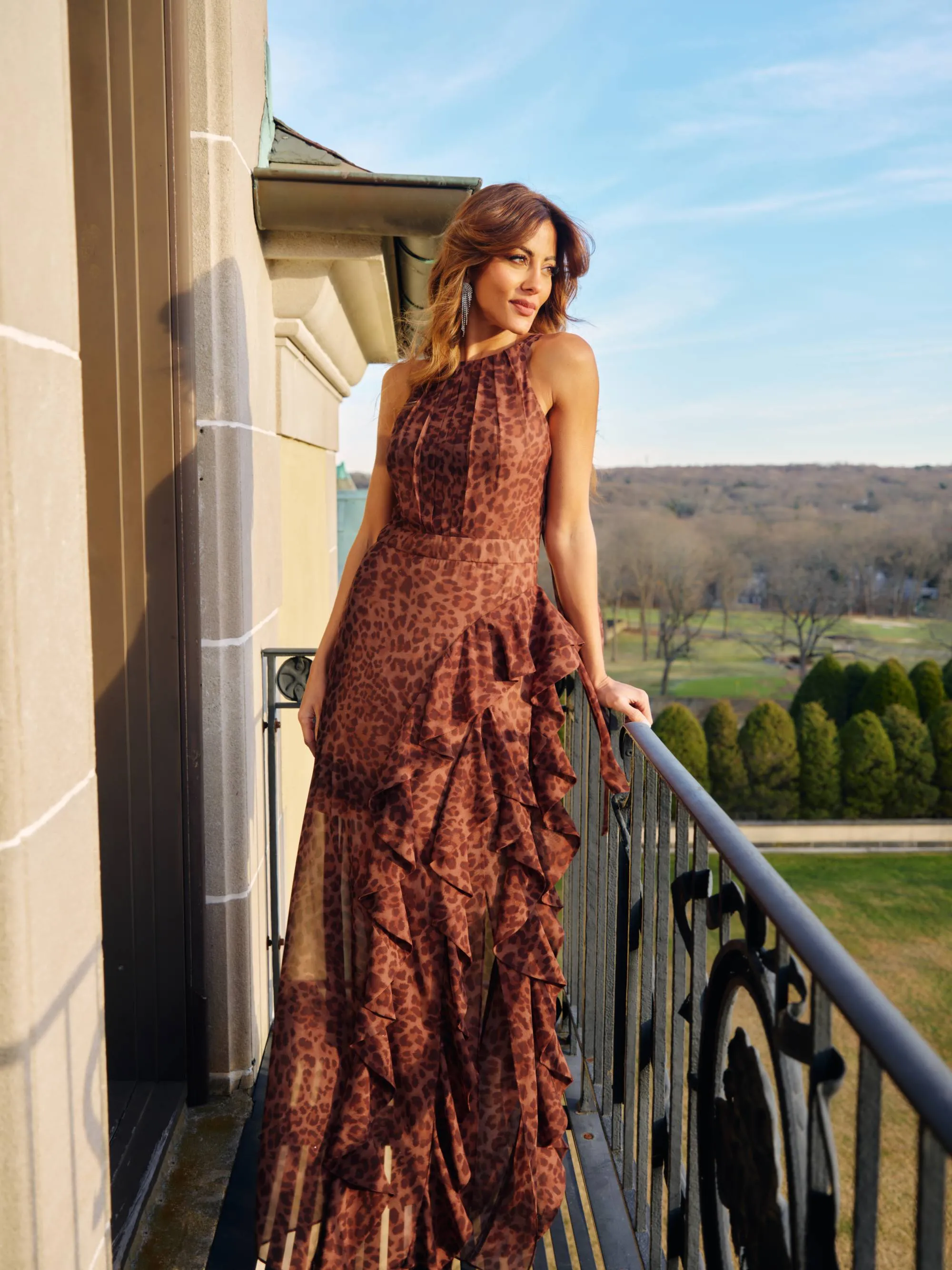 Petite "Andie" Print Chiffon Halter Neck Ruffle Floor Length Dress sold by Betsy & Adam product image thumbnail 5