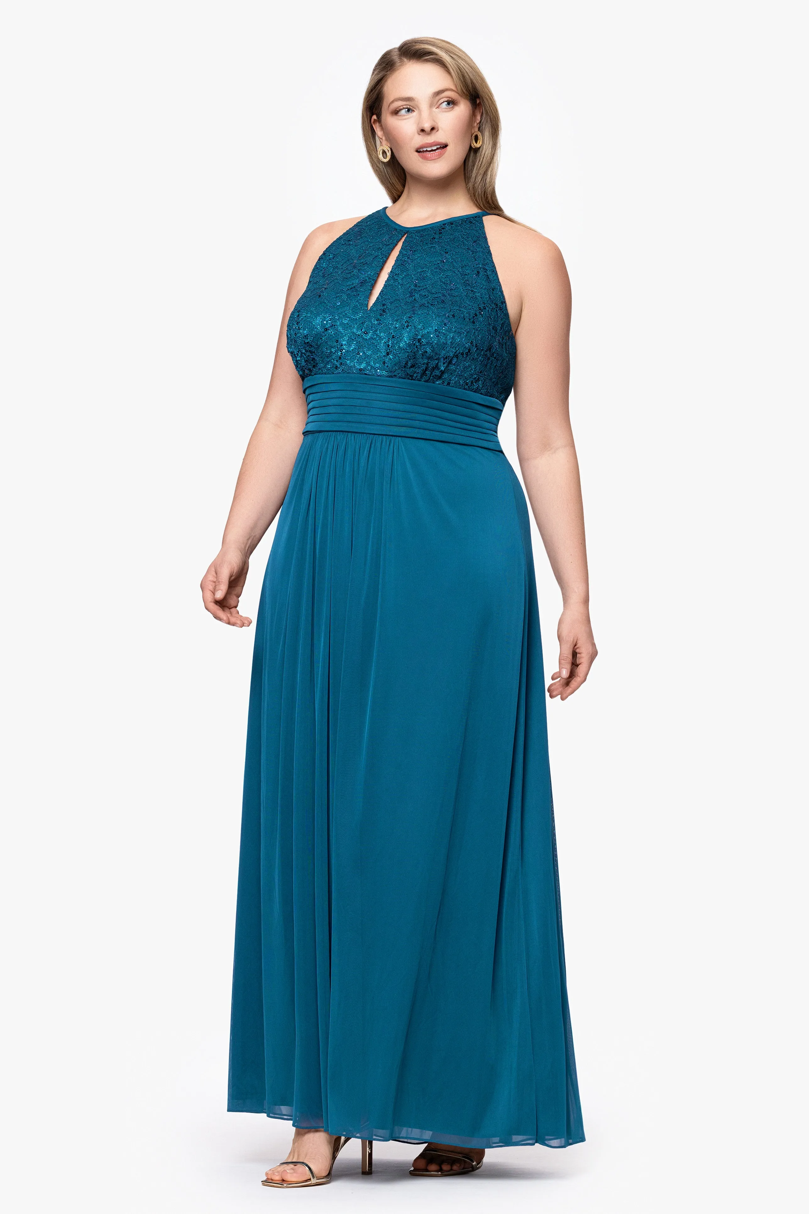 Plus "Selena" Jersey and Lace Halter Keyhole Neck Floor Length Dress sold by Betsy & Adam product image thumbnail 4