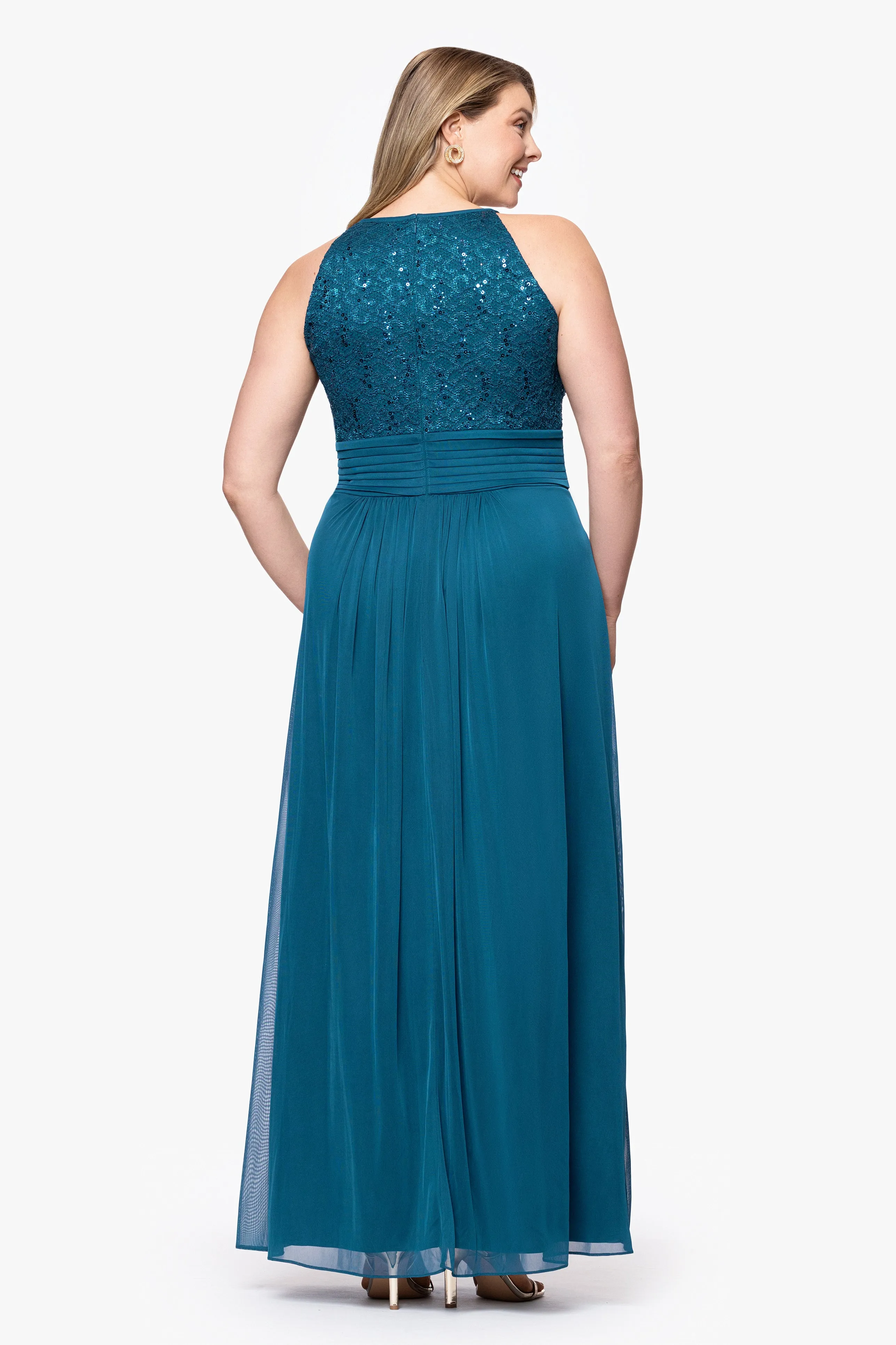 Plus "Selena" Jersey and Lace Halter Keyhole Neck Floor Length Dress sold by Betsy & Adam product image thumbnail 3