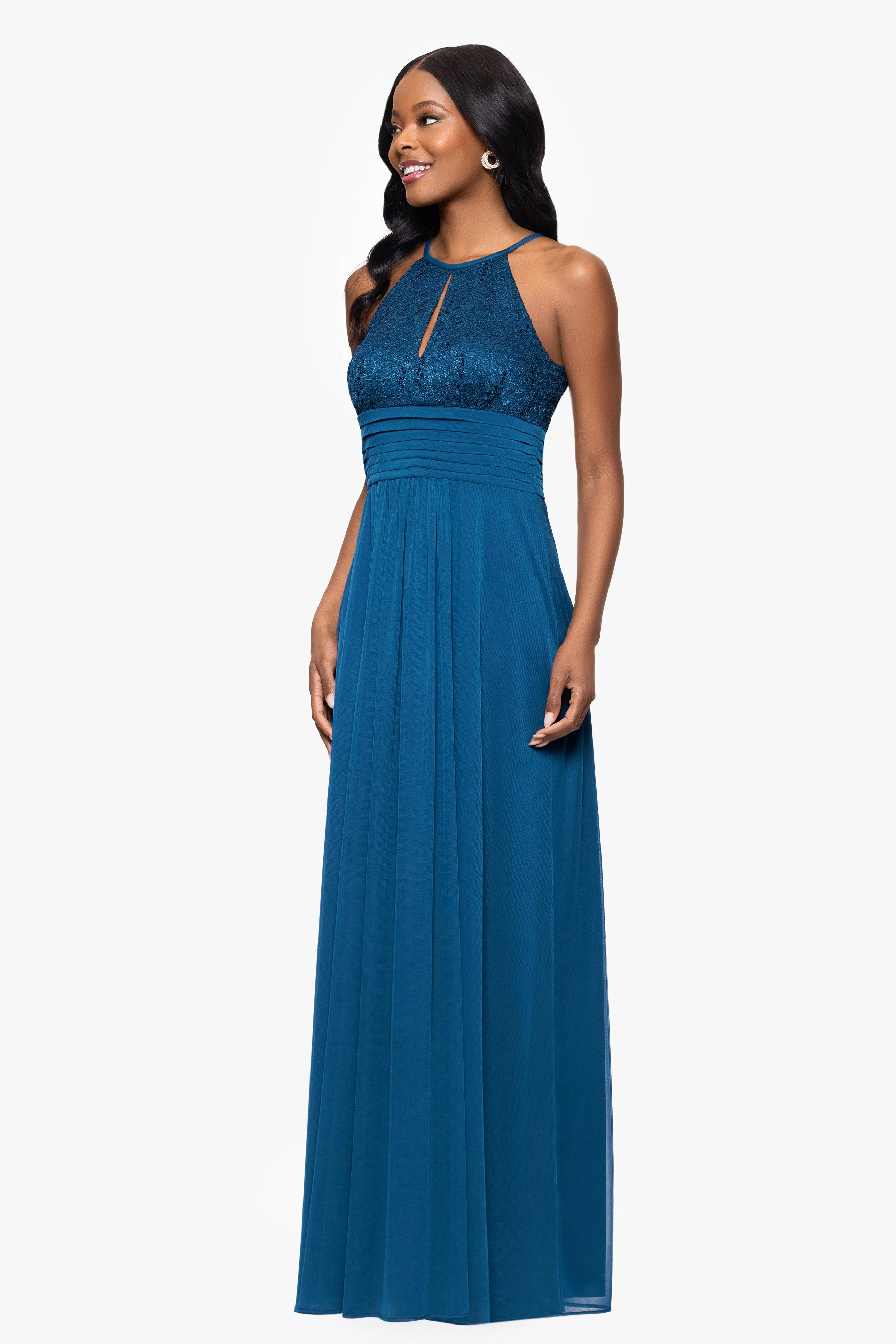 Petite "Selena" Jersey and Lace Halter Keyhole Neck Floor Length Dress sold by Betsy & Adam product image thumbnail 4
