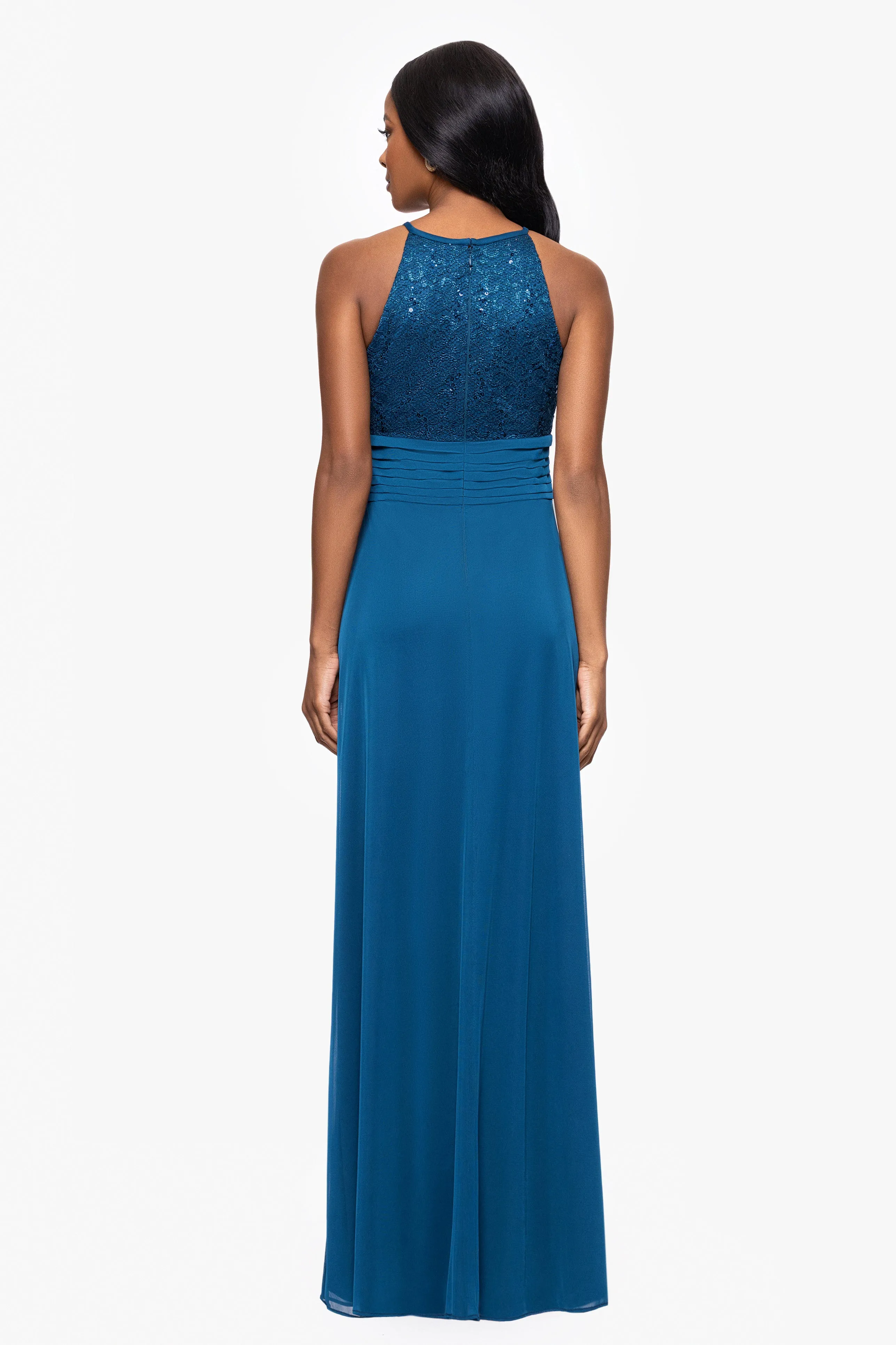 Petite "Selena" Jersey and Lace Halter Keyhole Neck Floor Length Dress sold by Betsy & Adam product image thumbnail 3
