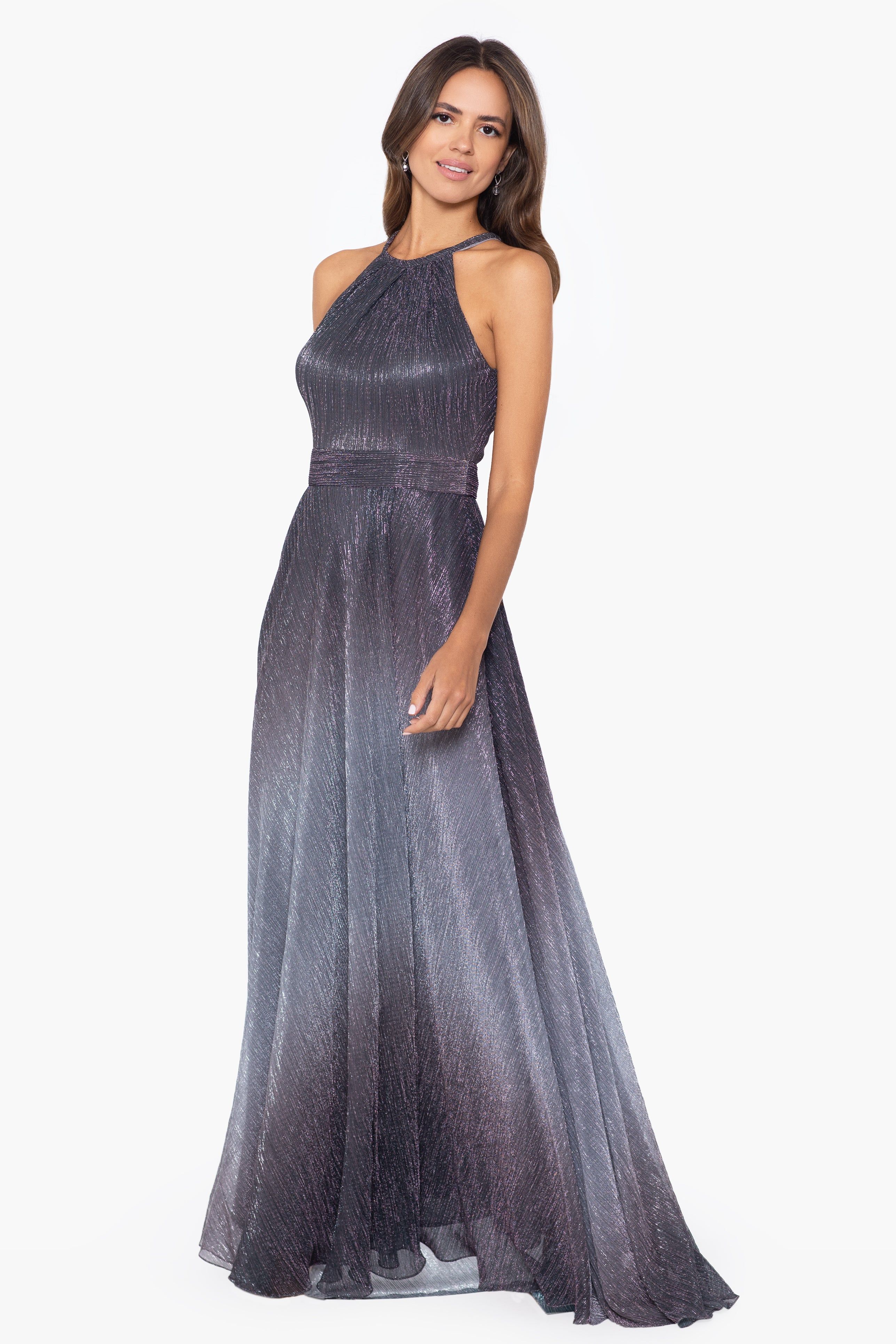 "Lily" Long Halter Neck Ombre Metallic Dress sold by Betsy & Adam product image thumbnail 4