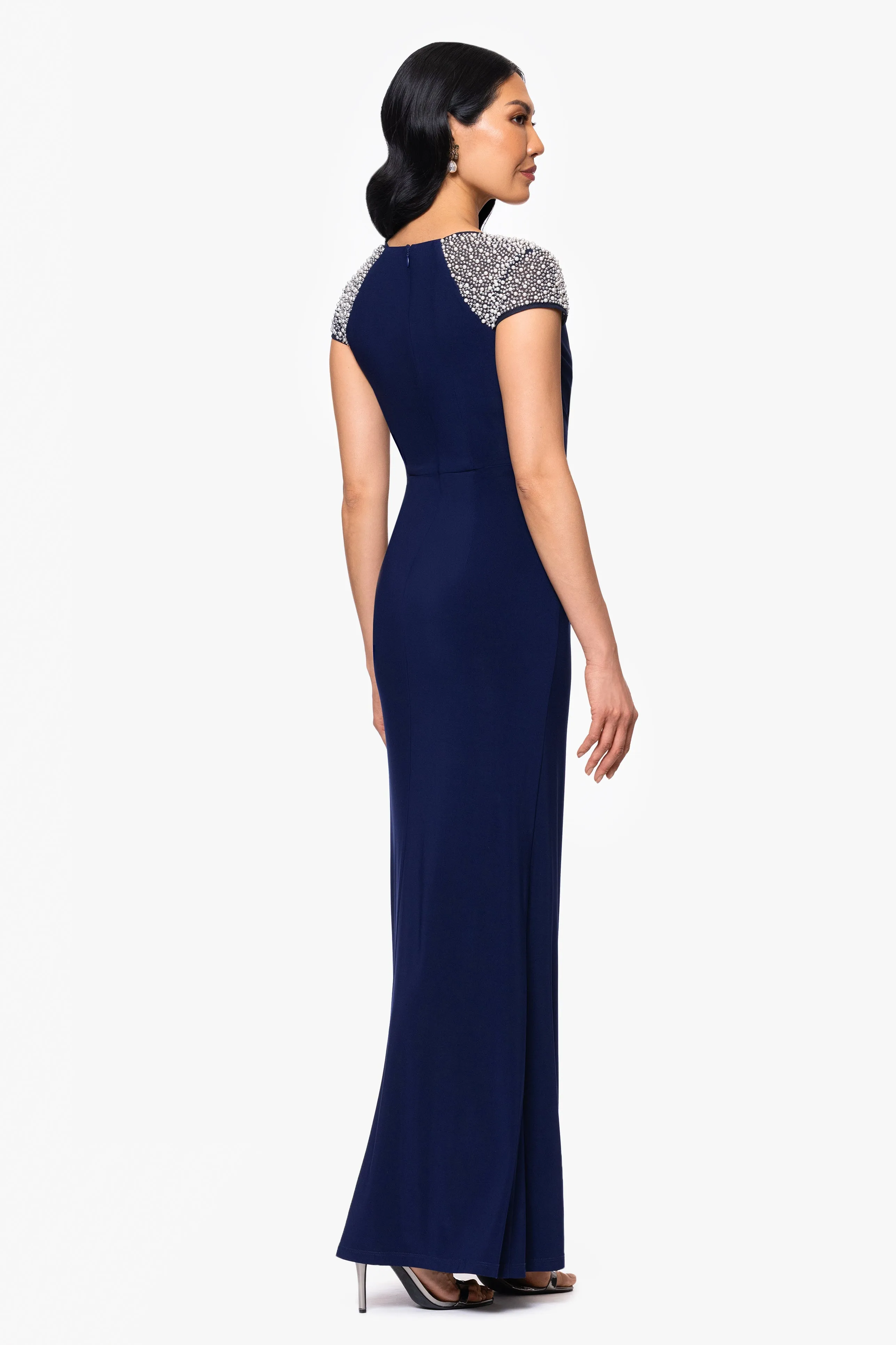 "Aaliyah" Jersey Knit Embellished Short Sleeve Ruffle Floor Length Dress sold by Betsy & Adam product image thumbnail 3