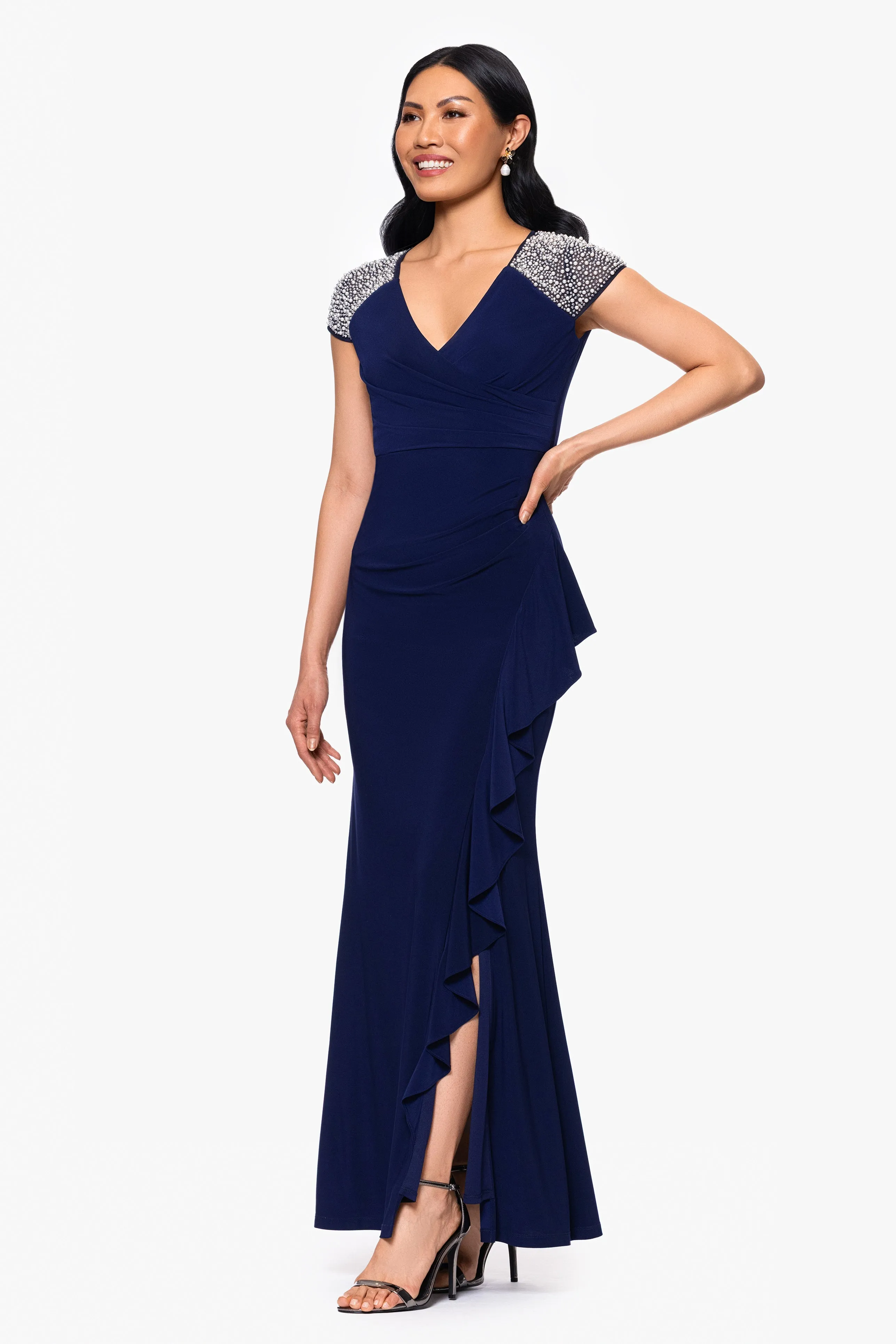 "Aaliyah" Jersey Knit Embellished Short Sleeve Ruffle Floor Length Dress sold by Betsy & Adam product image thumbnail 4