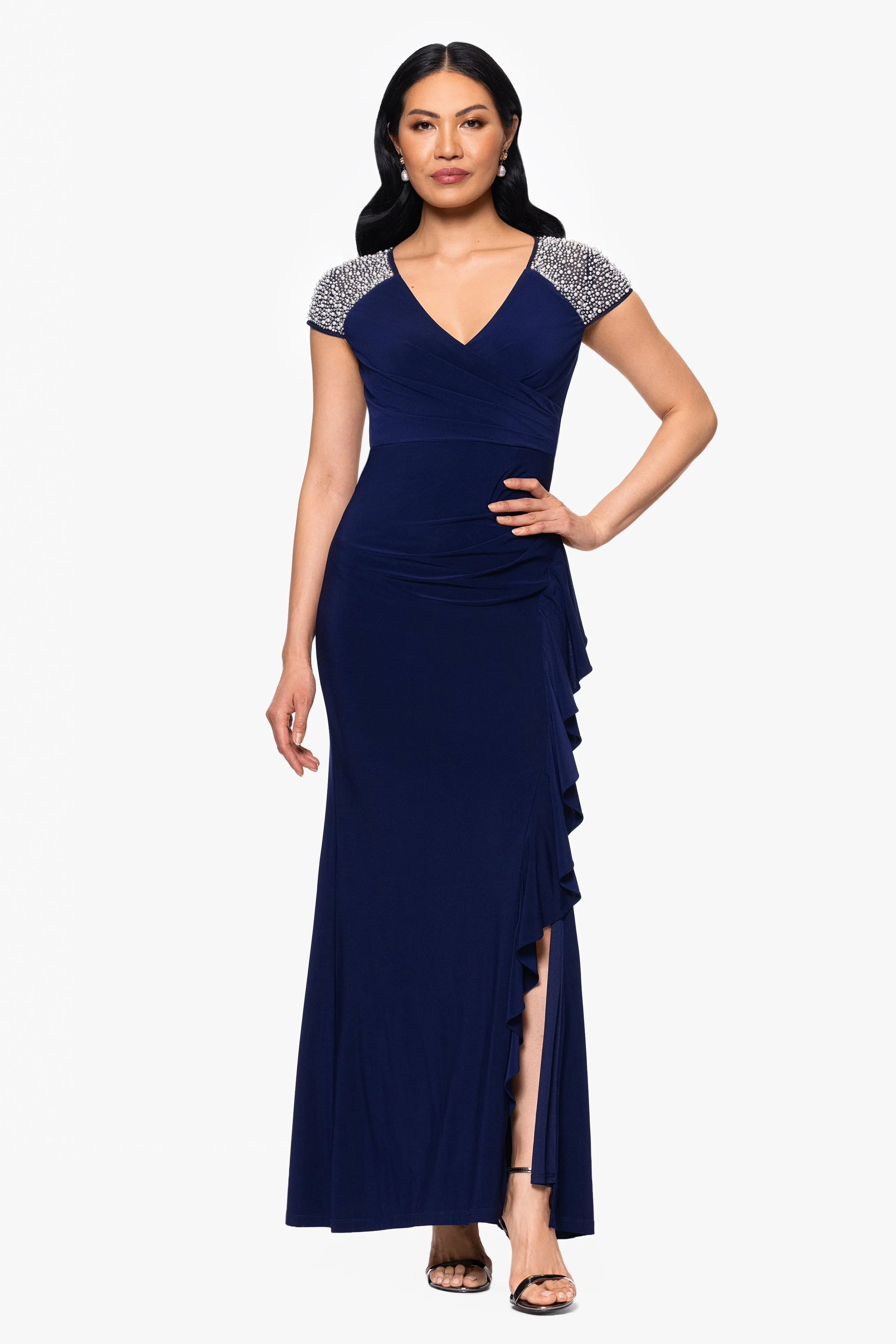 "Aaliyah" Jersey Knit Embellished Short Sleeve Ruffle Floor Length Dress sold by Betsy & Adam