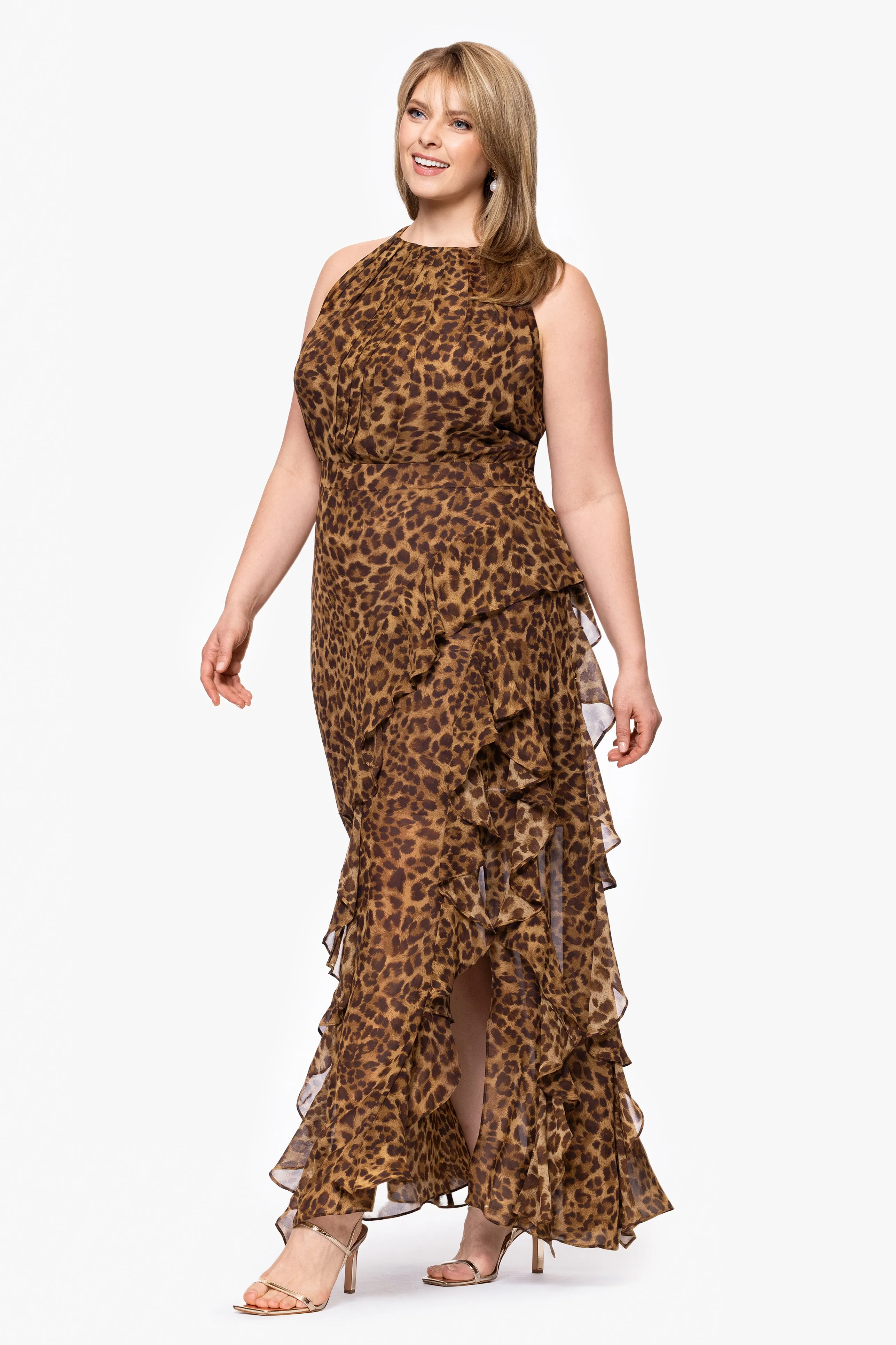 Plus "Andie" Print Chiffon Halter Neck Ruffle Floor Length Dress sold by Betsy & Adam product image thumbnail 4