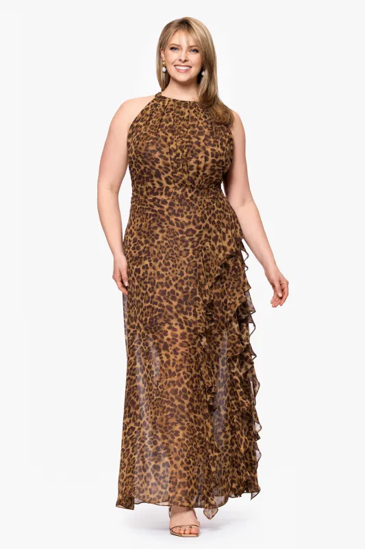 Plus "Andie" Print Chiffon Halter Neck Ruffle Floor Length Dress sold by Betsy & Adam