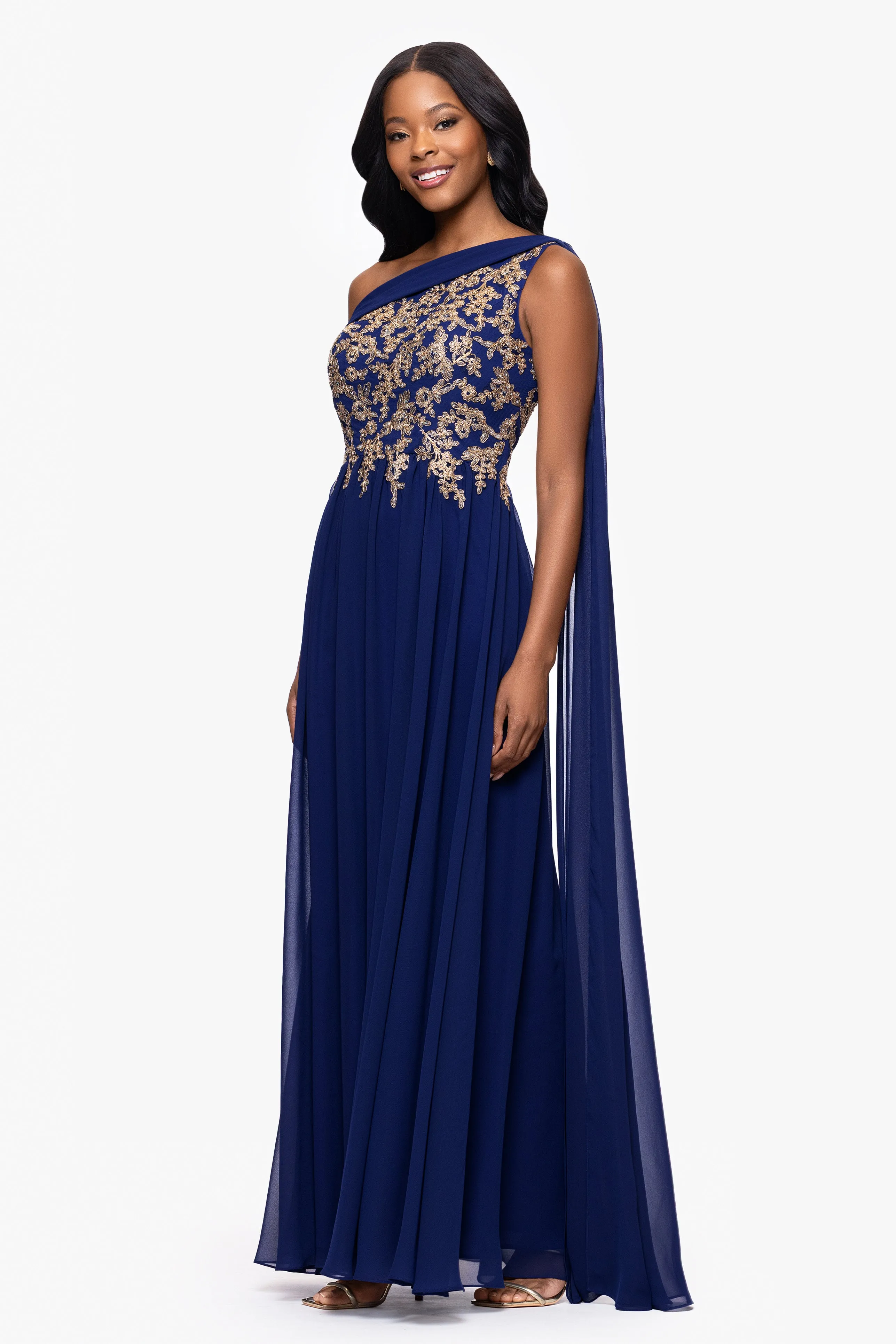 "Dove" Chiffon Drop Shoulder Applique Floor Length Dress sold by Betsy & Adam product image thumbnail 4