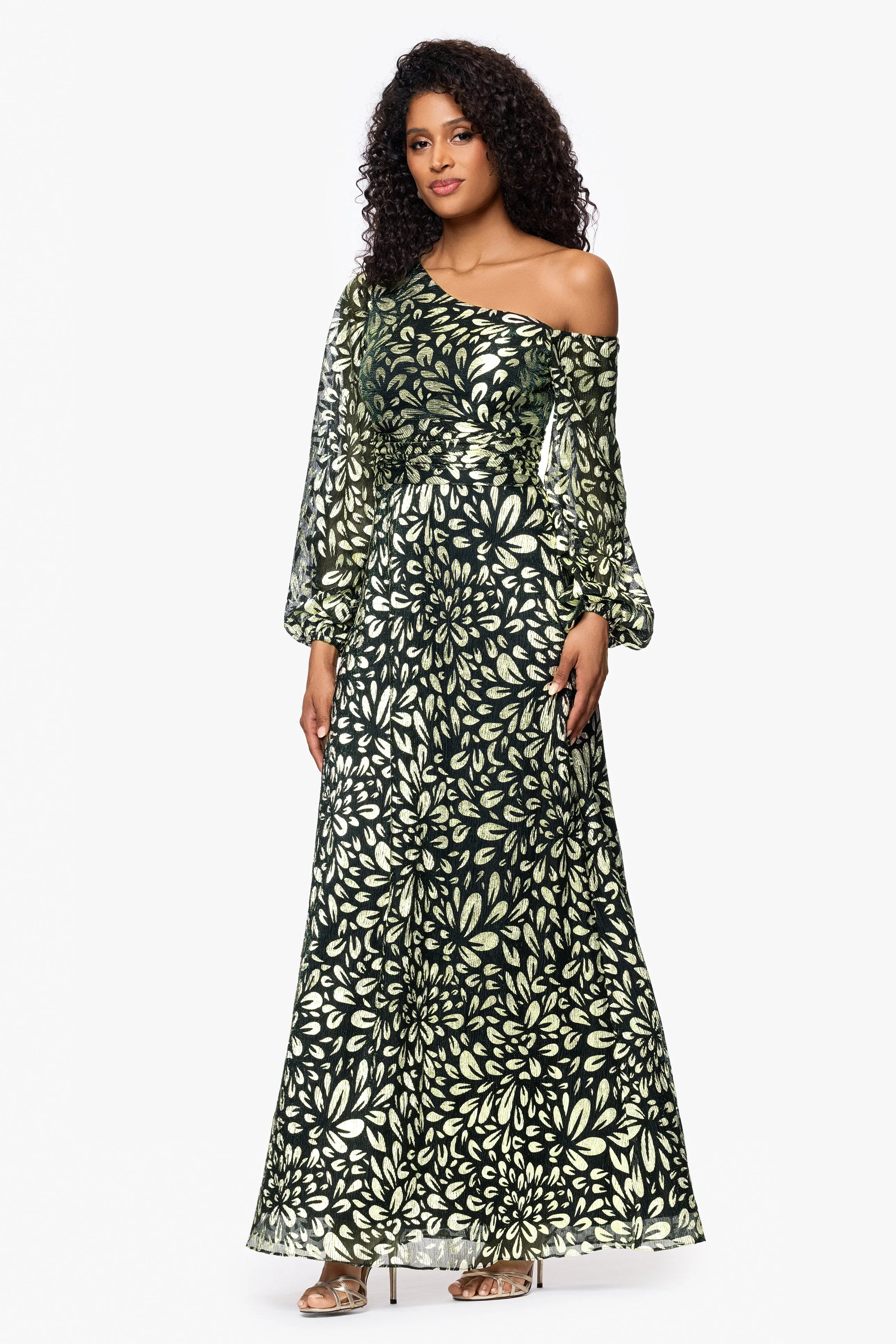 Petite "Malia" Metallic Off the Shoulder Long Sleeve Floor Length Dress sold by Betsy & Adam product image thumbnail 4