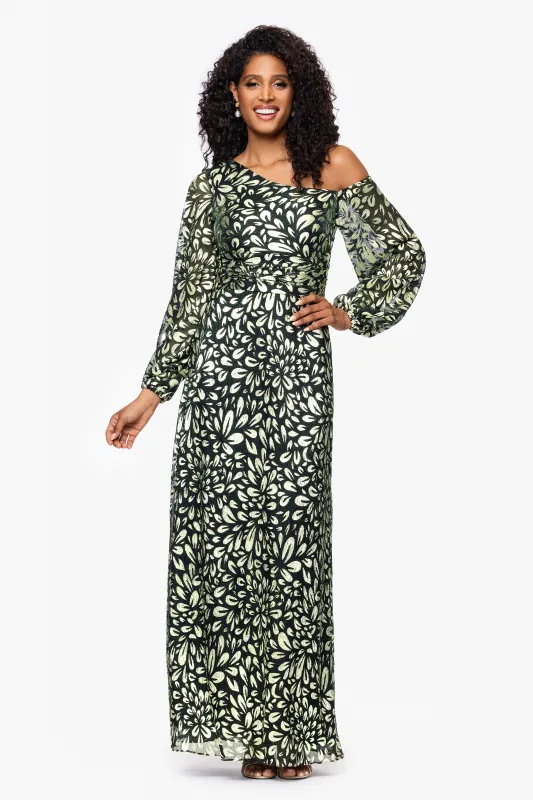 Petite "Malia" Metallic Off the Shoulder Long Sleeve Floor Length Dress sold by Betsy & Adam