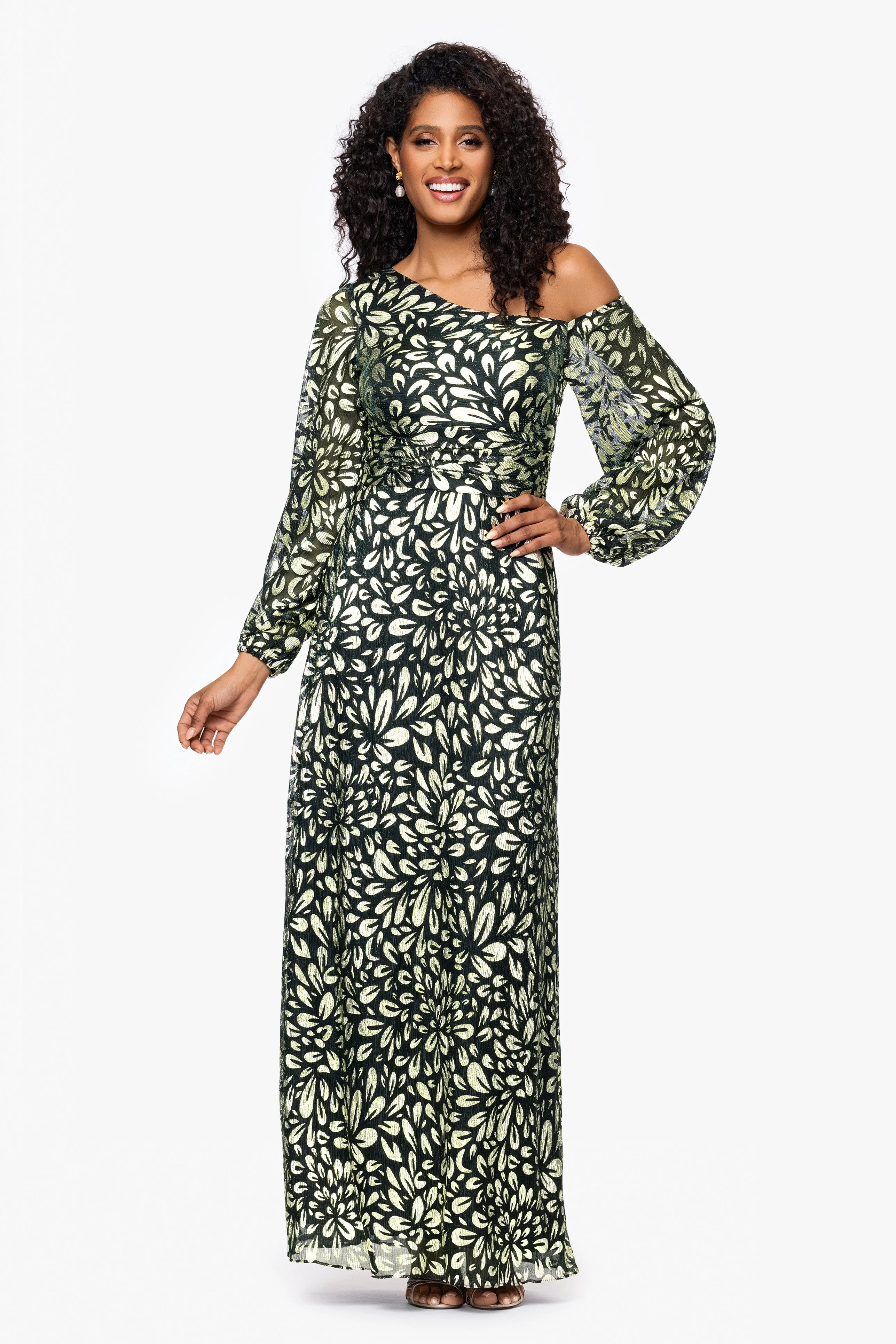 Petite "Malia" Metallic Off the Shoulder Long Sleeve Floor Length Dress sold by Betsy & Adam