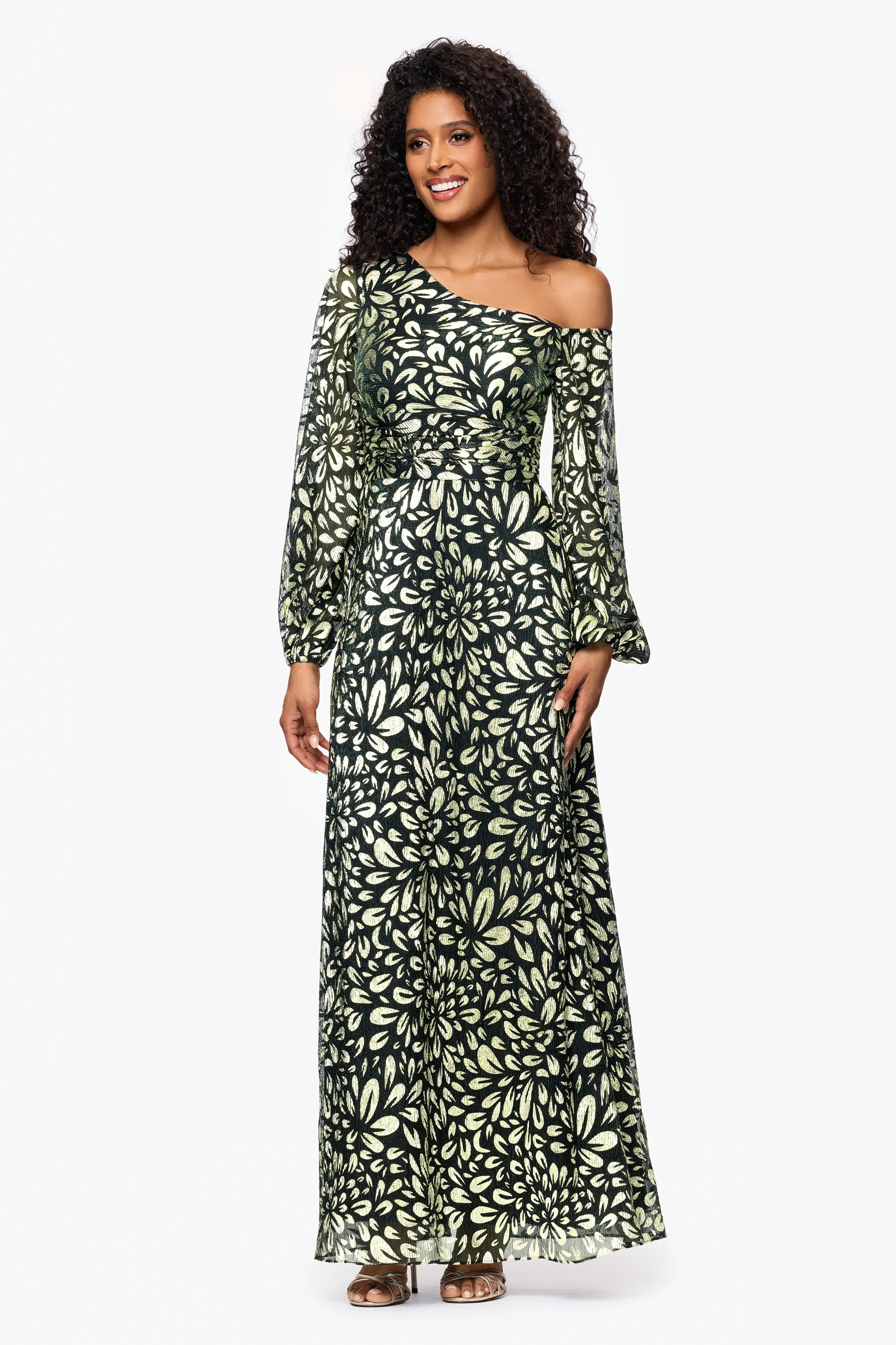 Petite "Malia" Metallic Off the Shoulder Long Sleeve Floor Length Dress sold by Betsy & Adam product image thumbnail 5