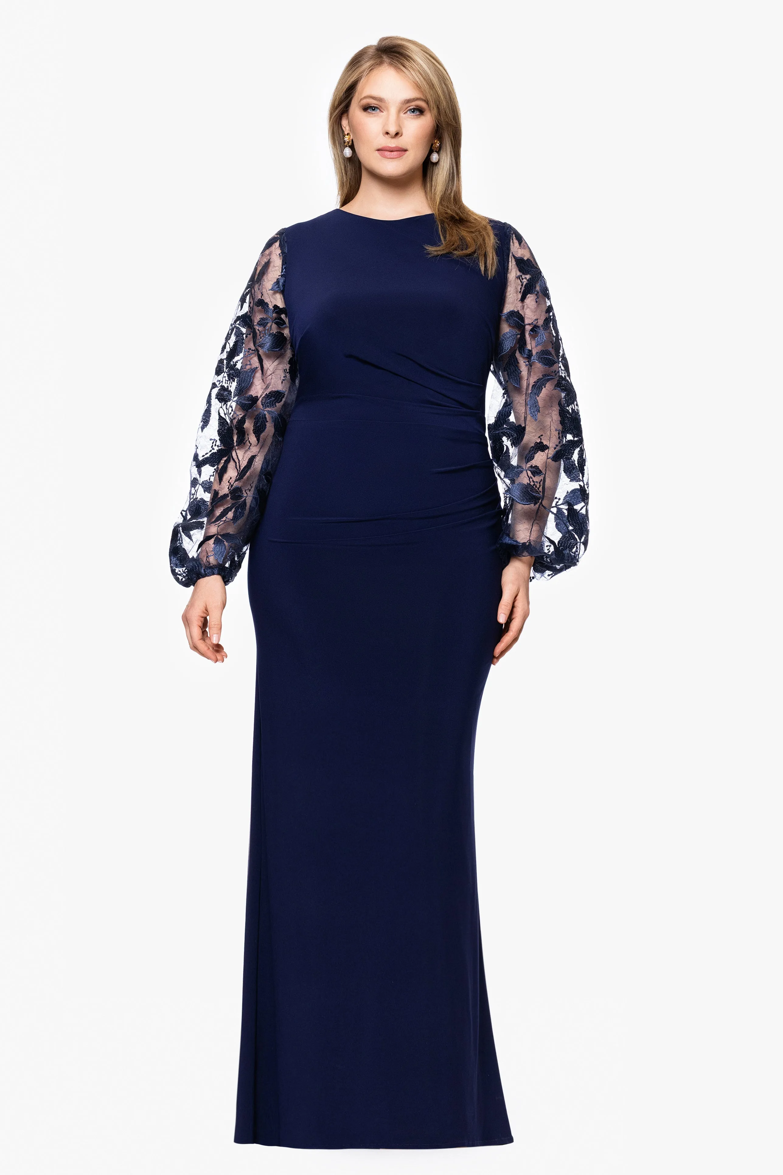 Plus "Roxanna" Jersey Knit Embellished Long Sleeve Floor Length Dress sold by Betsy & Adam