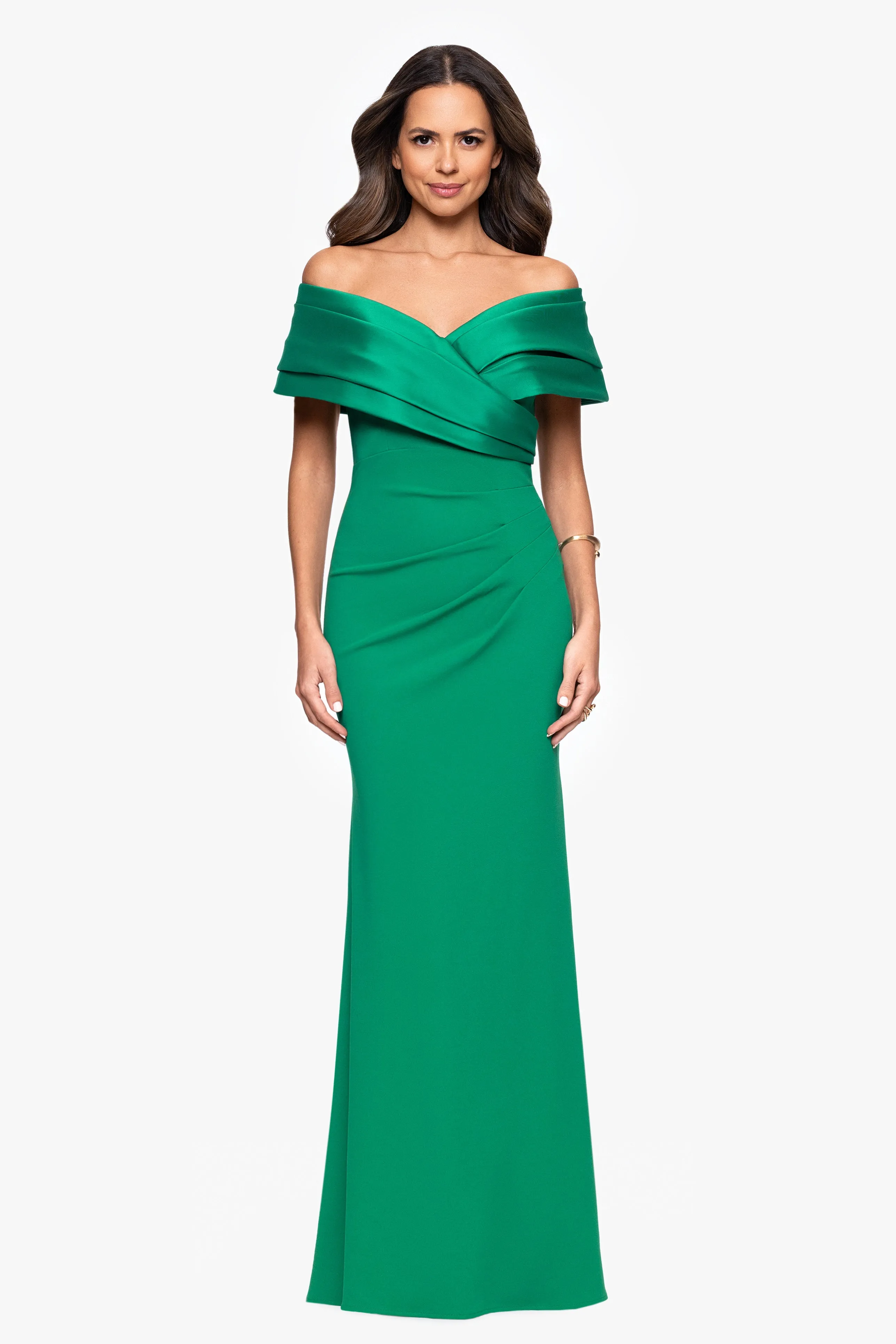 Petite "Yasmeen" Long Off The Shoulder Scuba Crepe Gown sold by Betsy & Adam
