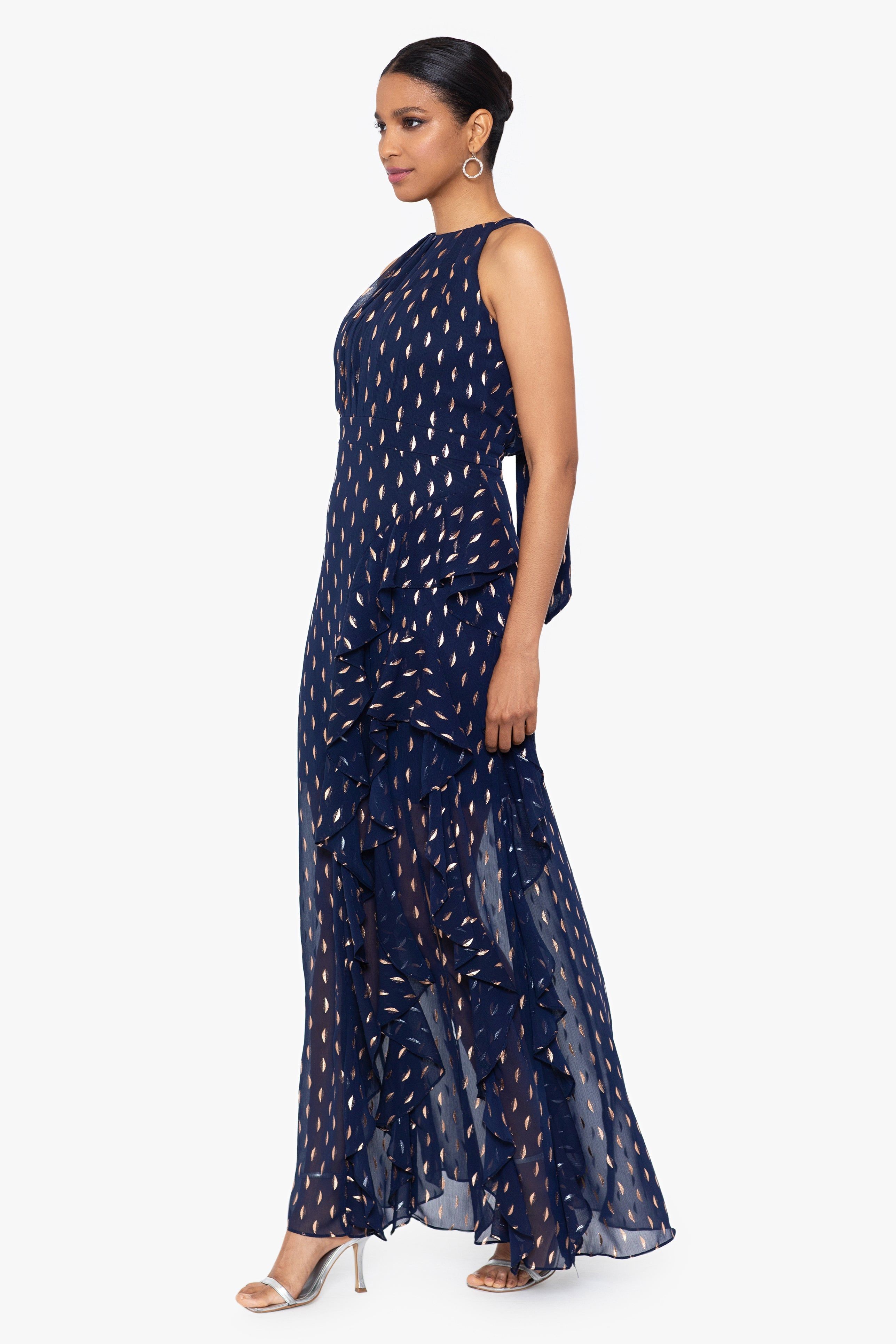 "Karina" Long Chiffon Foil Ruffle Tie Neck Dress sold by Betsy & Adam product image thumbnail 3