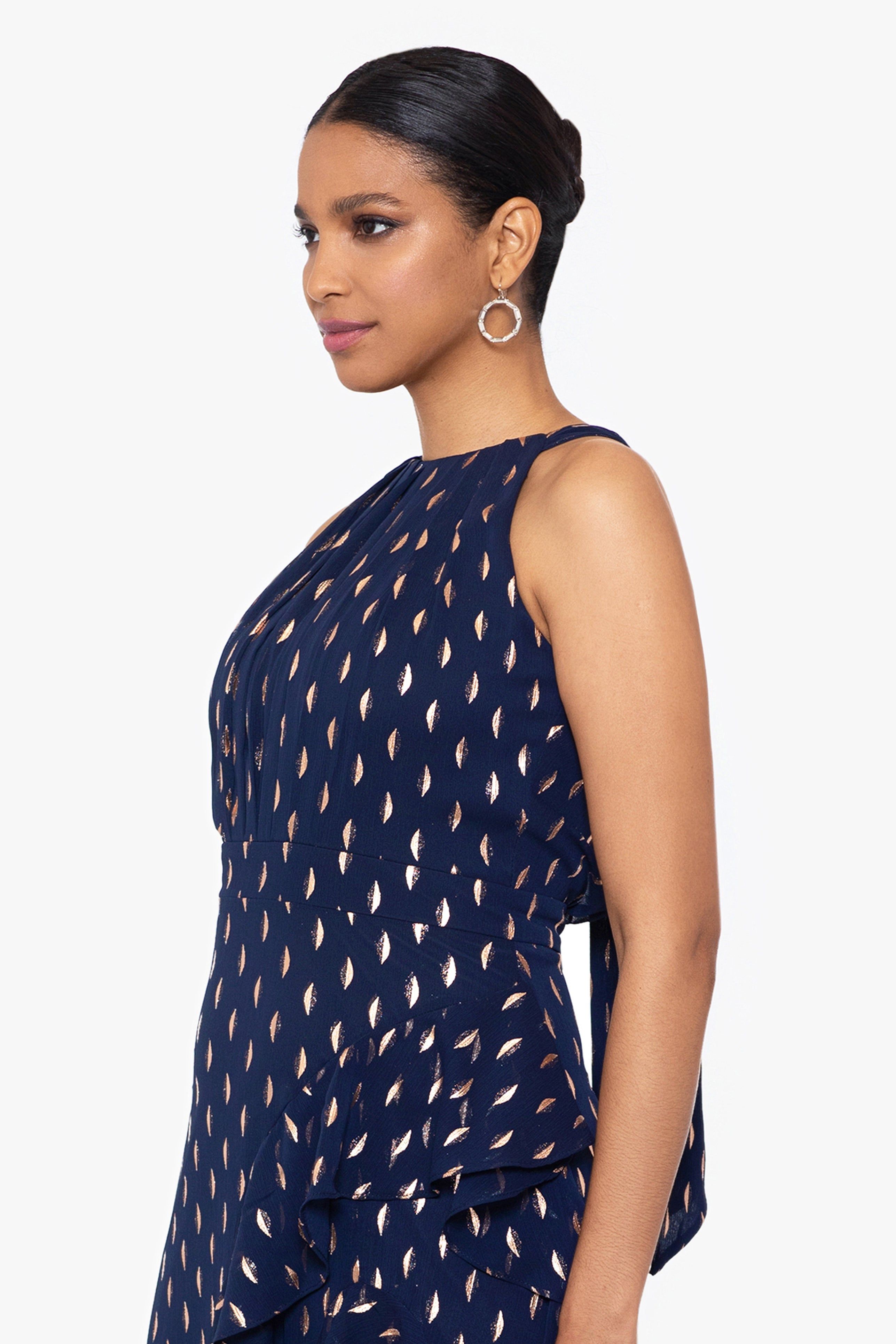 "Karina" Long Chiffon Foil Ruffle Tie Neck Dress sold by Betsy & Adam product image thumbnail 4