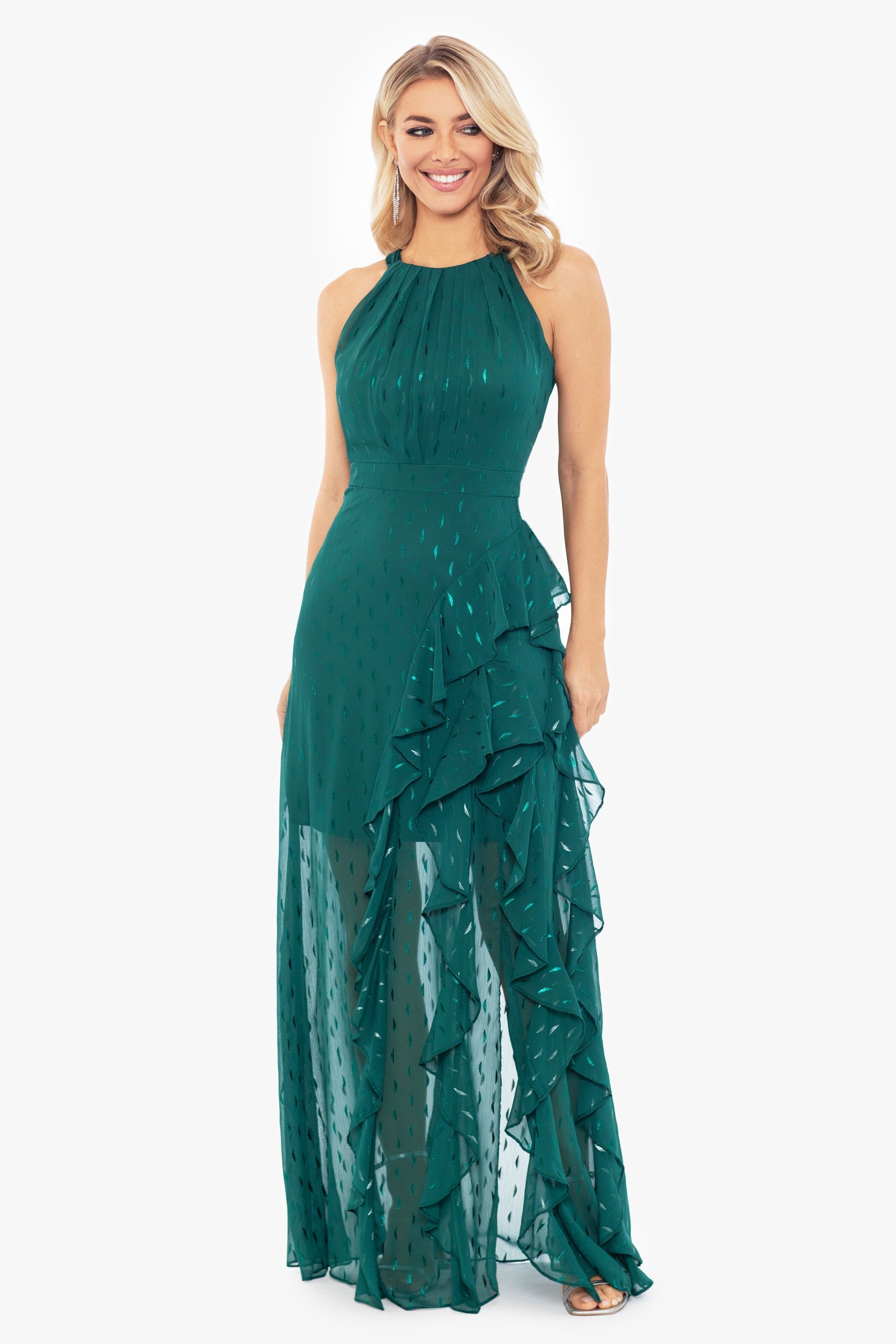 "Karina" Long Chiffon Foil Ruffle Tie Neck Dress sold by Betsy & Adam product image thumbnail 5