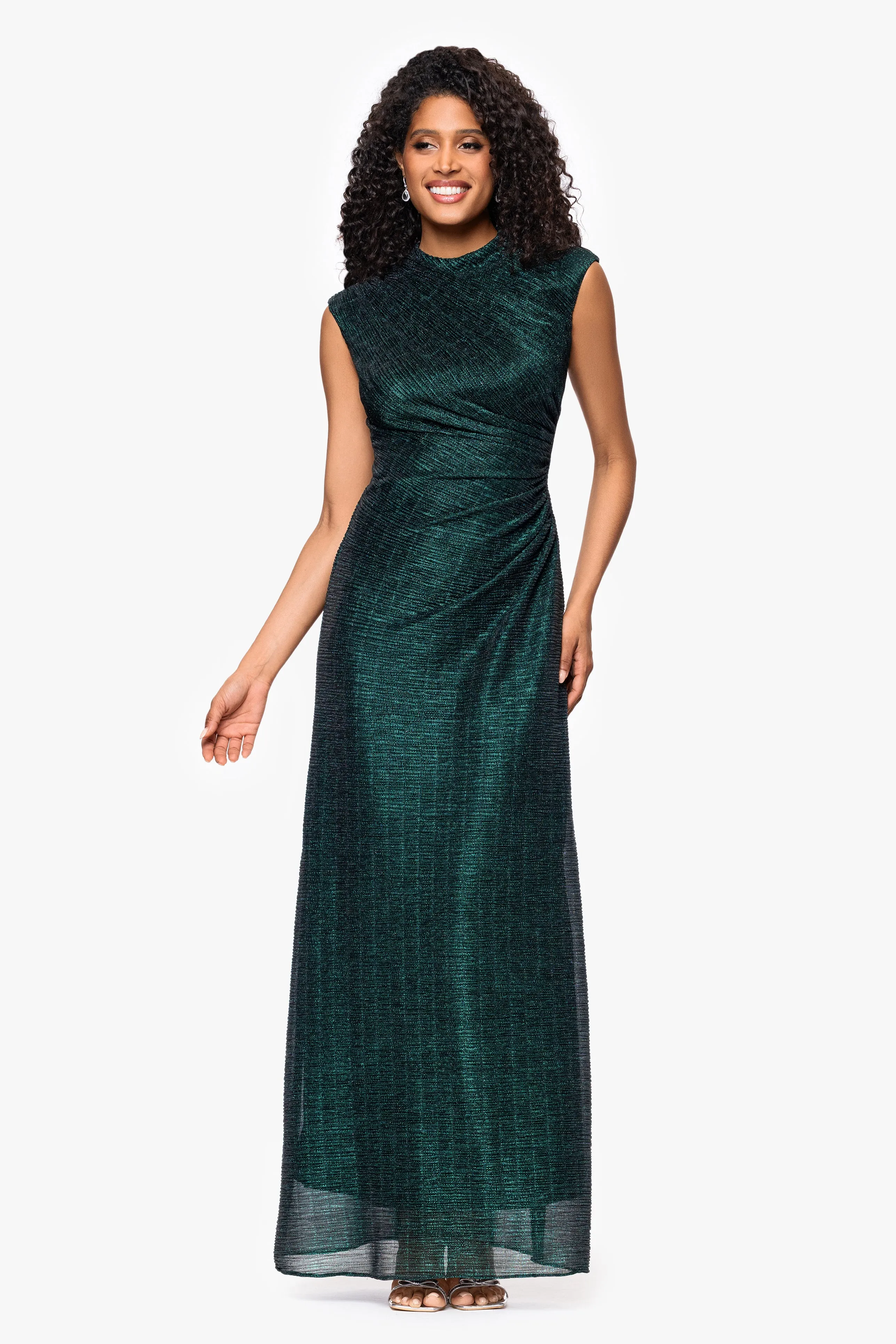 Petite "Bethany" Crinkle Metallic Rouched Floor Length Dress sold by Betsy & Adam