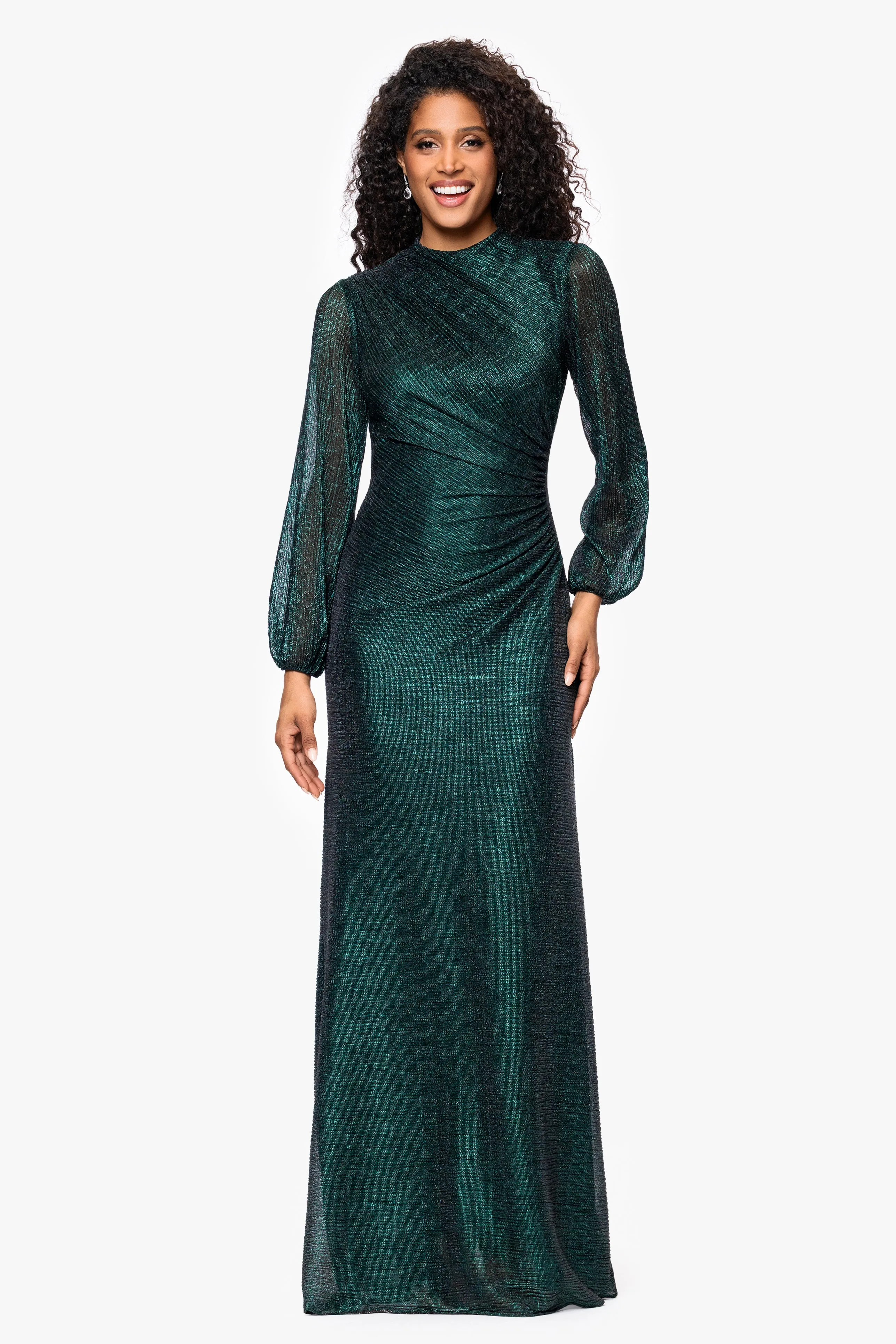 "Jayline" Crinkle Metallic Long Sleeve Floor Length Dress sold by Betsy & Adam