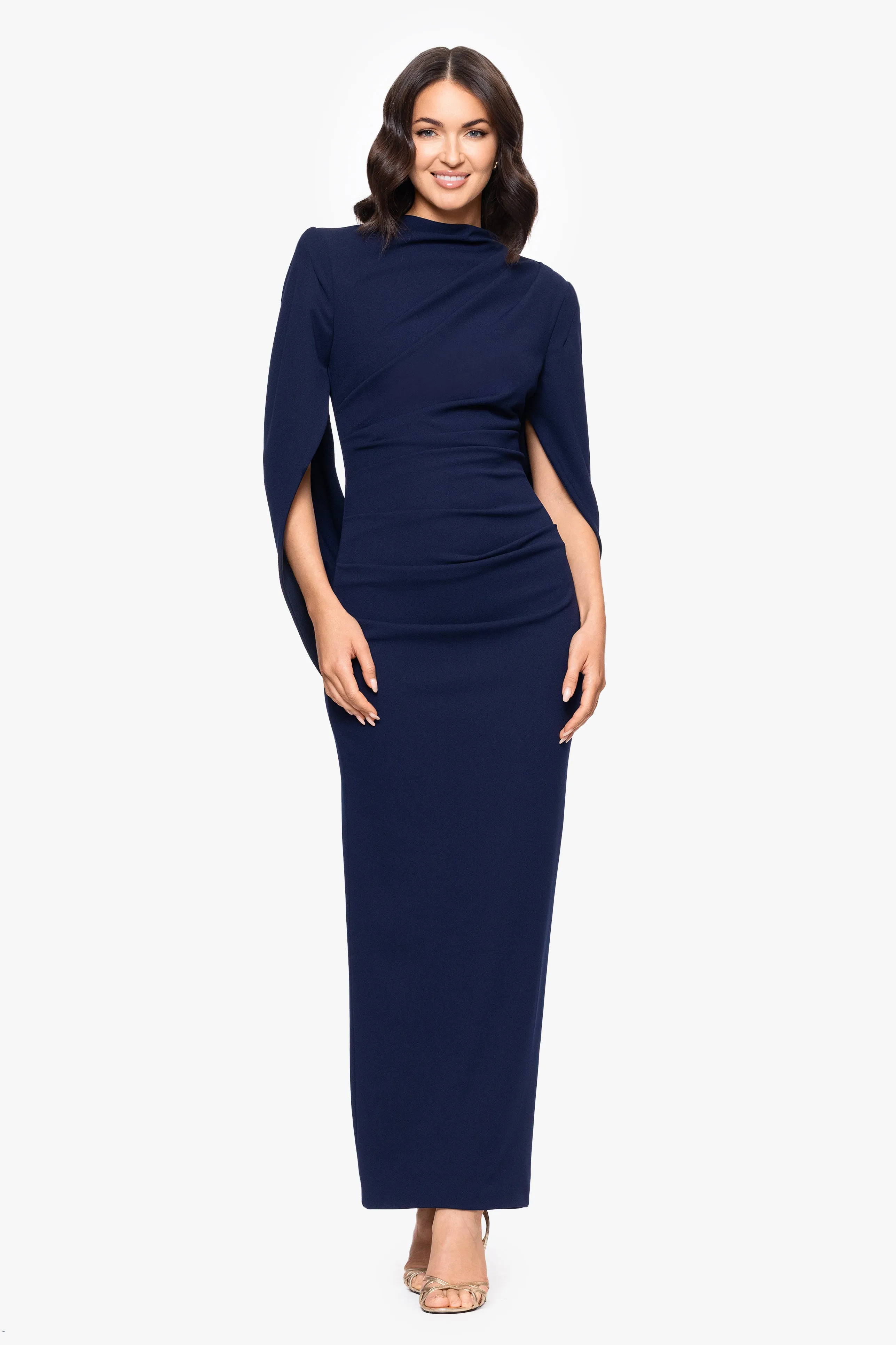 "Evelina" Scuba Crepe Drape Back High Neck Floor Length Dress sold by Betsy & Adam