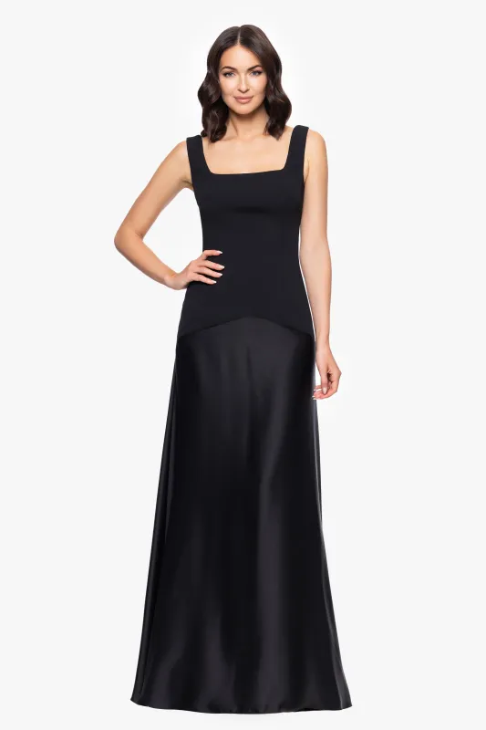 "Noreen" Scuba Crepe Bodice and Satin Skirt Square Neck Floor Length Dress sold by Betsy & Adam