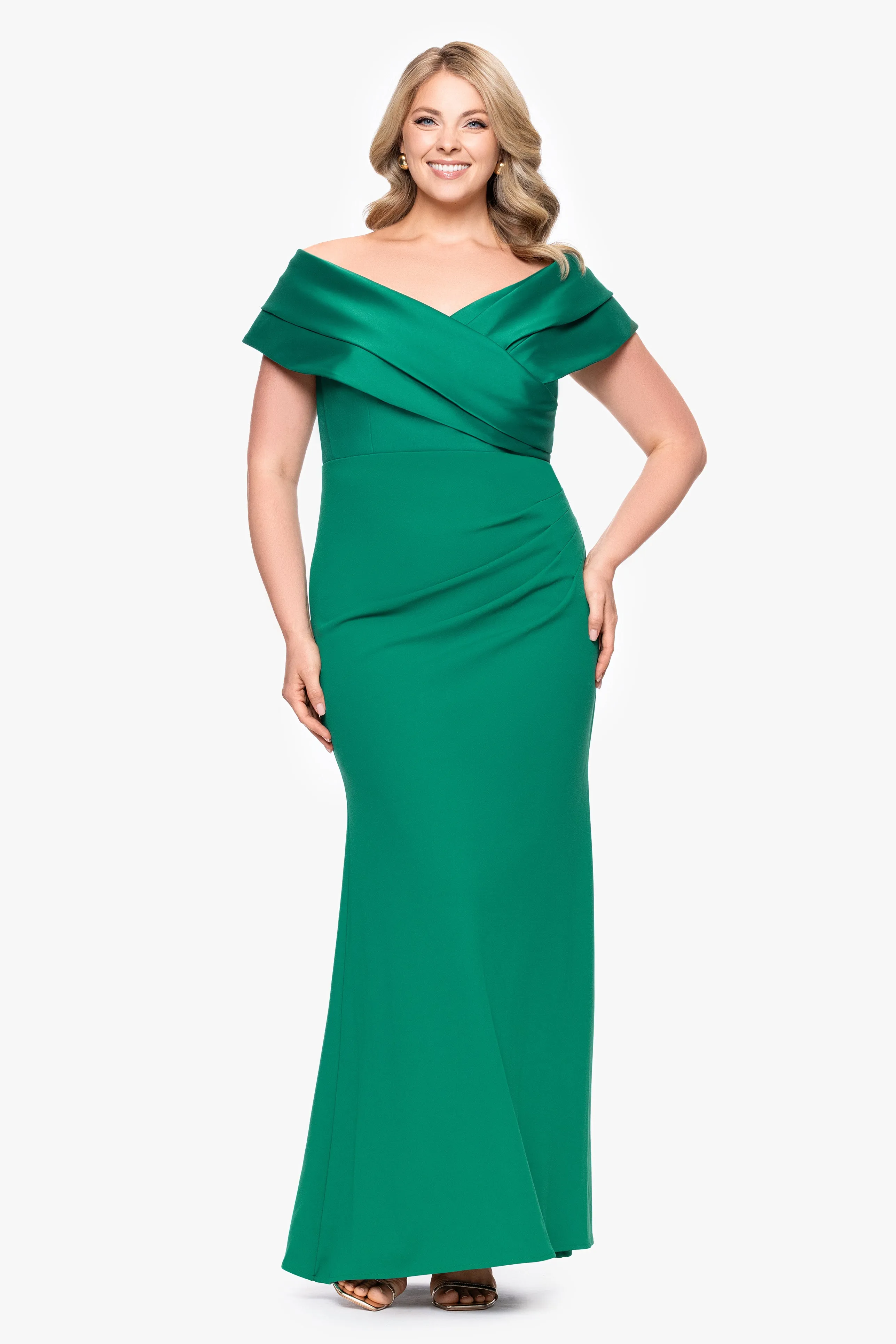 Plus "Yasmeen" Long Off The Shoulder Scuba Crepe Gown sold by Betsy & Adam