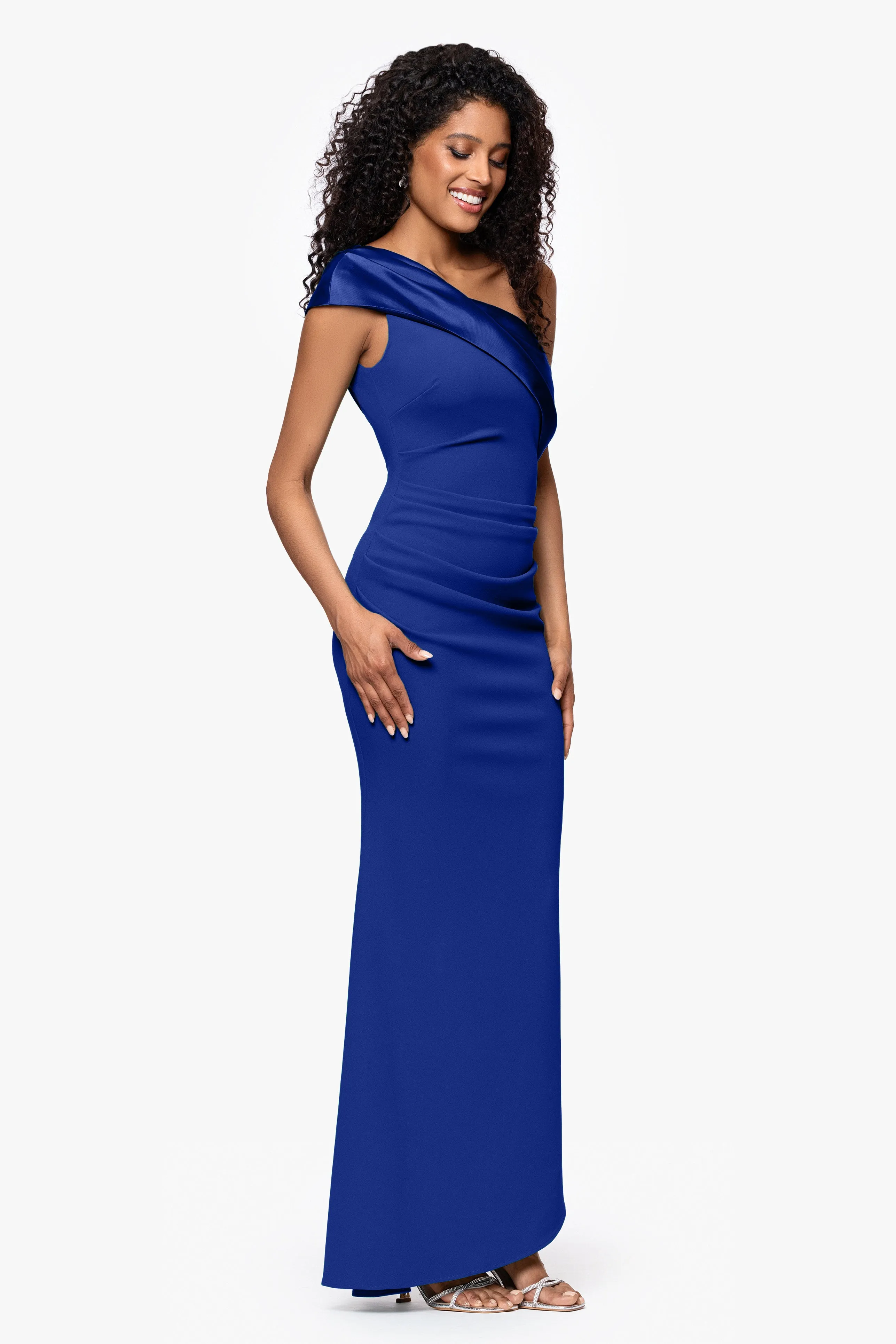 "Belinda" Scuba Crepe Drop Shoulder Satin Banded Neckline Floor Length Dress sold by Betsy & Adam product image thumbnail 4