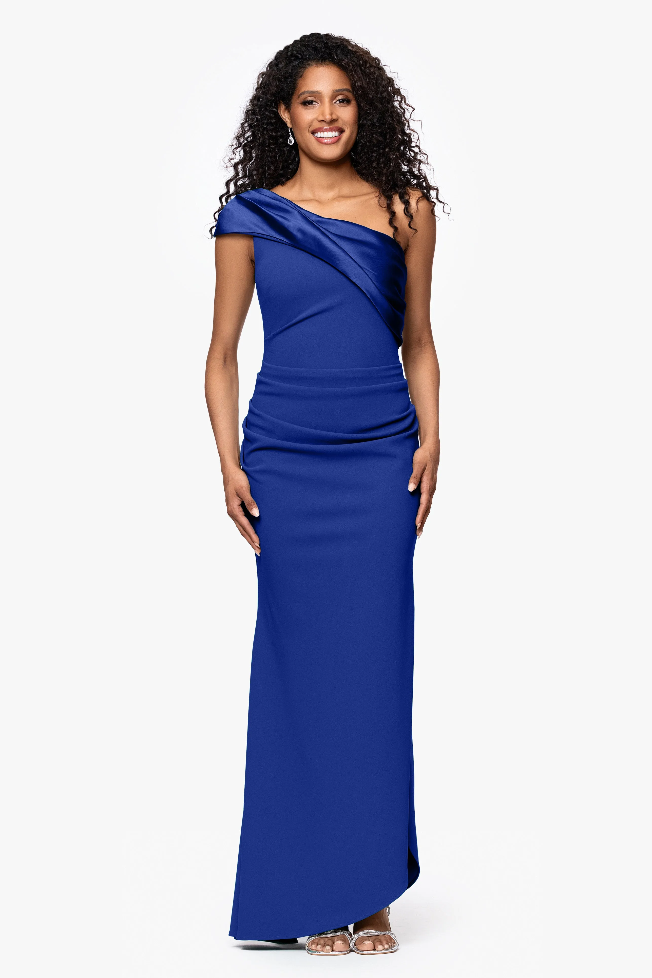 "Belinda" Scuba Crepe Drop Shoulder Satin Banded Neckline Floor Length Dress sold by Betsy & Adam