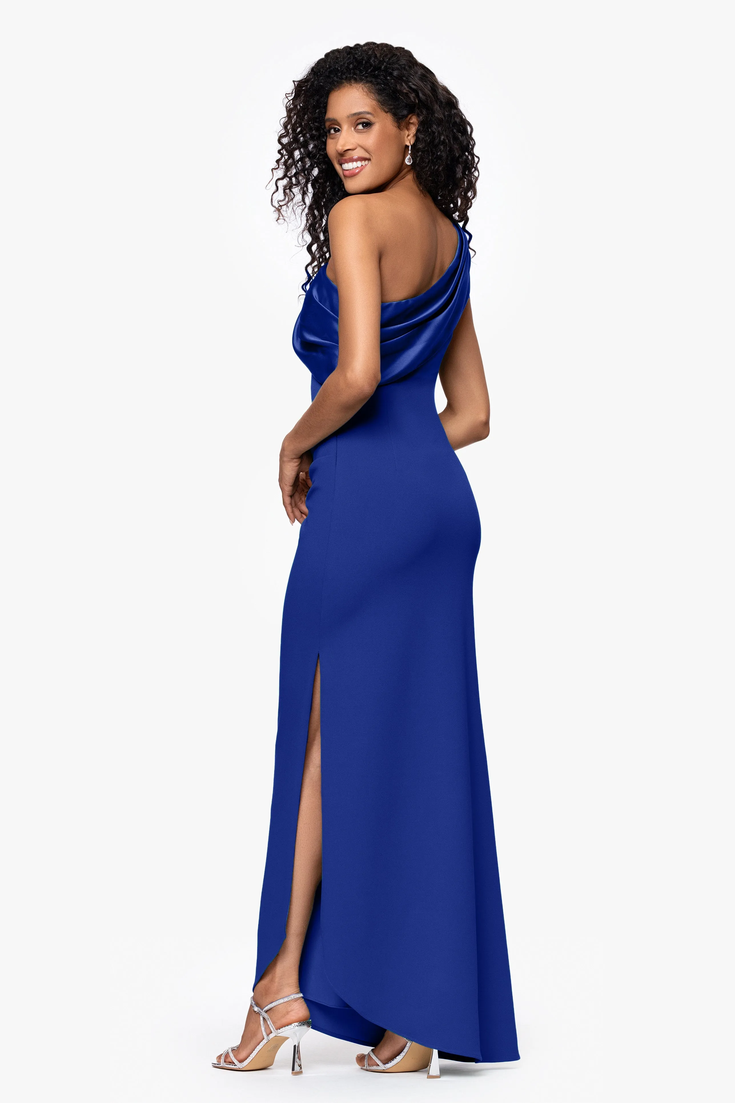 "Belinda" Scuba Crepe Drop Shoulder Satin Banded Neckline Floor Length Dress sold by Betsy & Adam product image thumbnail 3