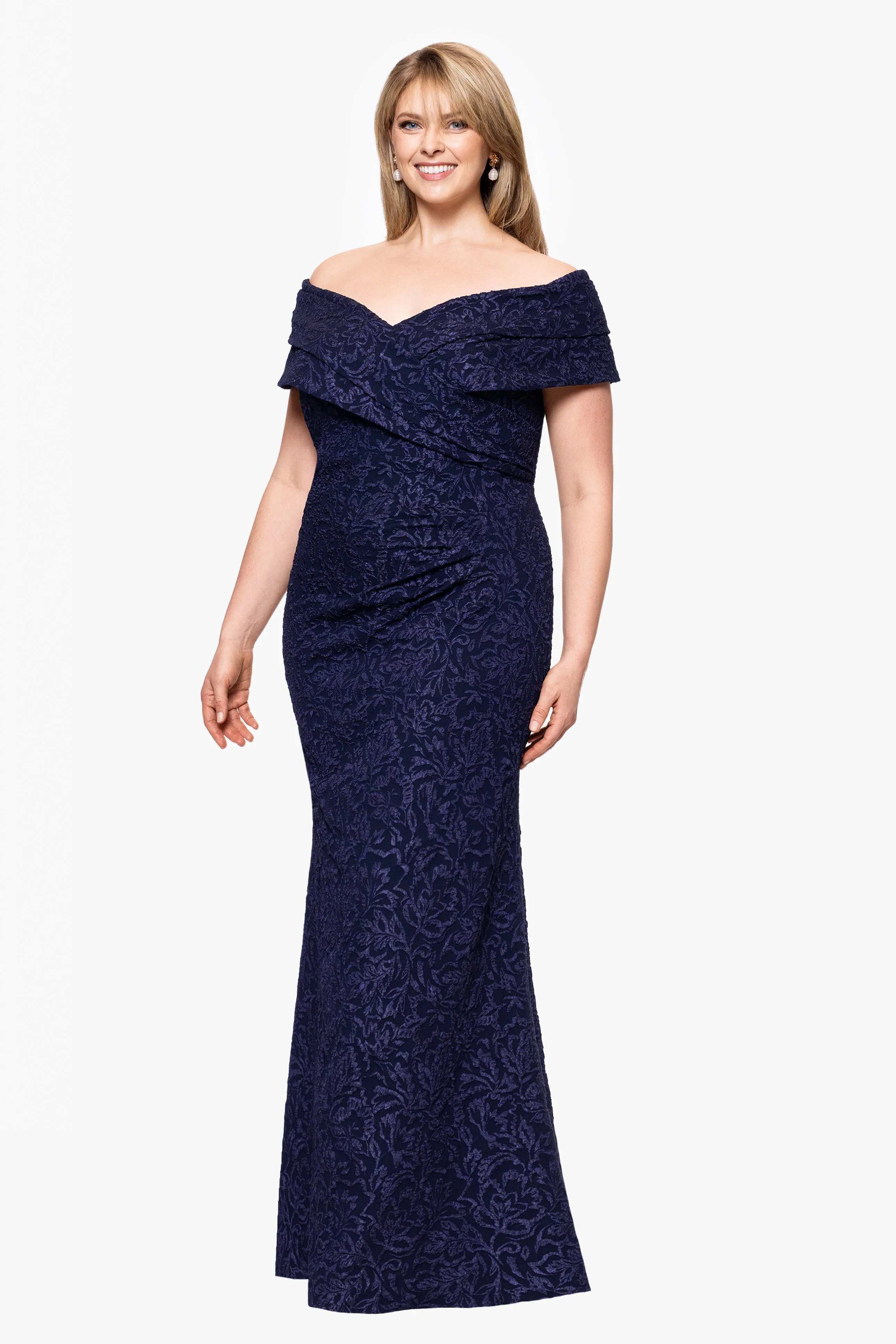 Plus "Dolly" Jacquard Off the Shoulder Floor Length Dress sold by Betsy & Adam product image thumbnail 4