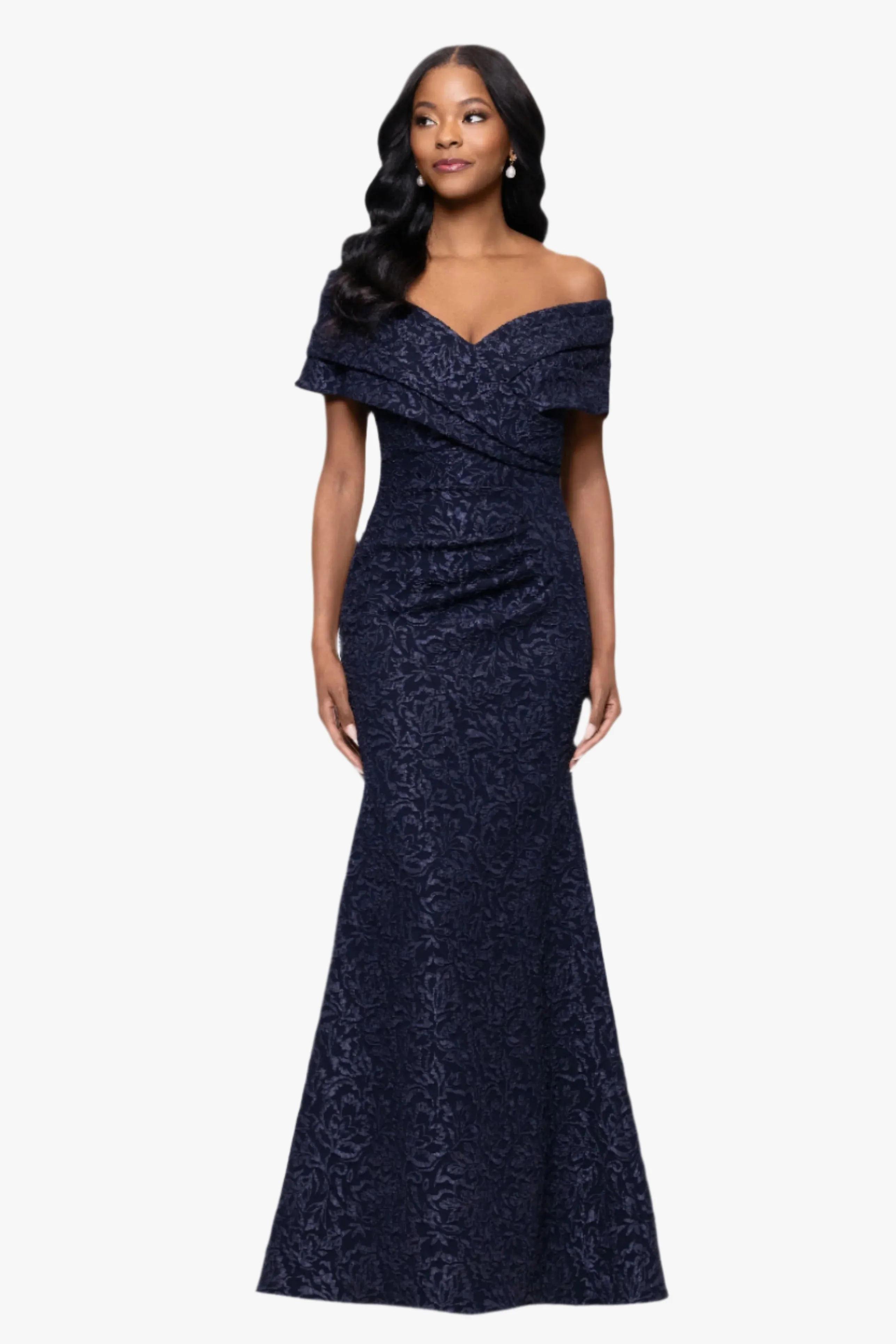 Petite "Dolly" Jacquard Off the Shoulder Floor Length Dress sold by Betsy & Adam