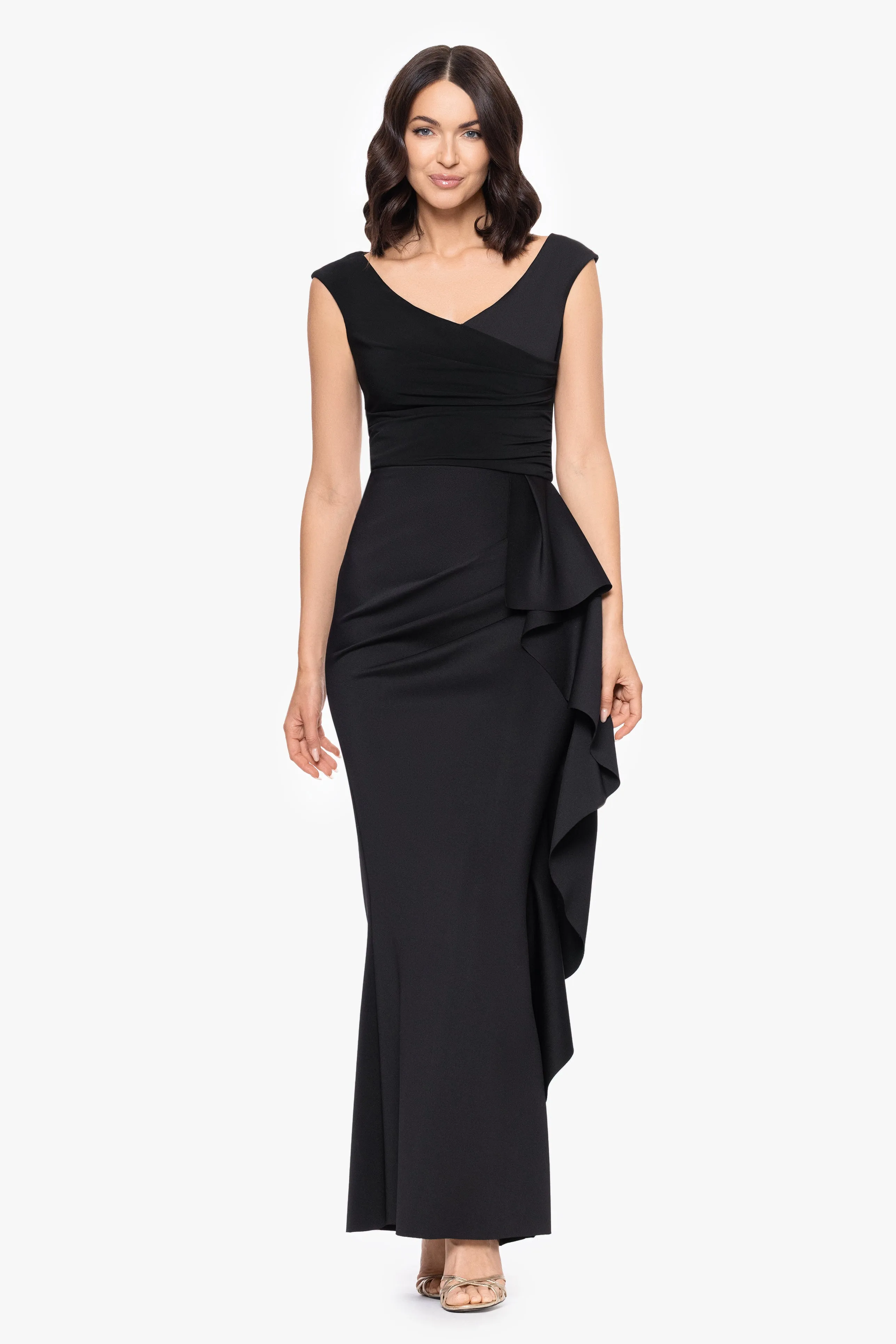 "Ruth" Techno Scuba Sleeveless V-Neck Ruffle Floor Length Dress sold by Betsy & Adam product image thumbnail 5