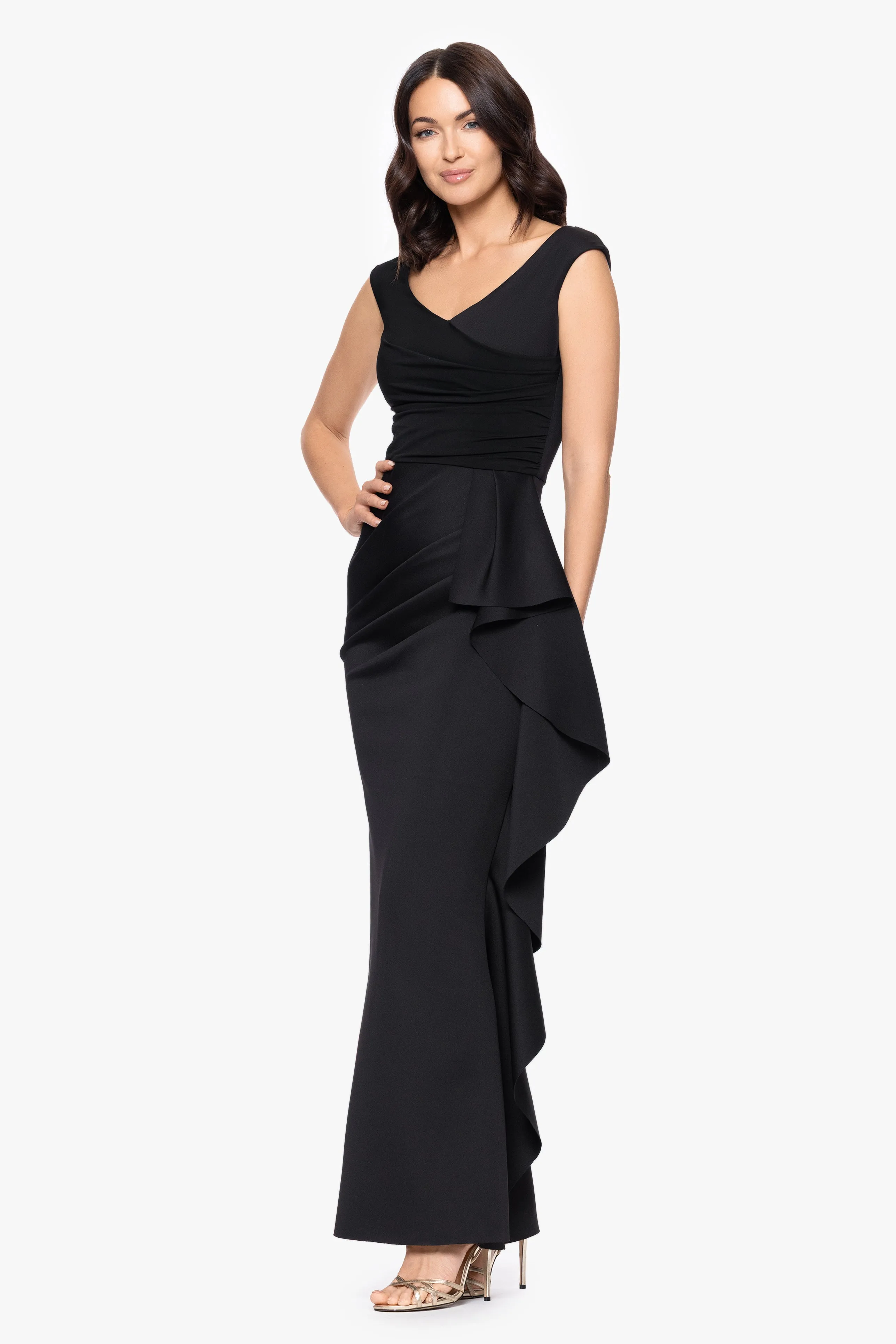 "Ruth" Techno Scuba Sleeveless V-Neck Ruffle Floor Length Dress sold by Betsy & Adam product image thumbnail 4