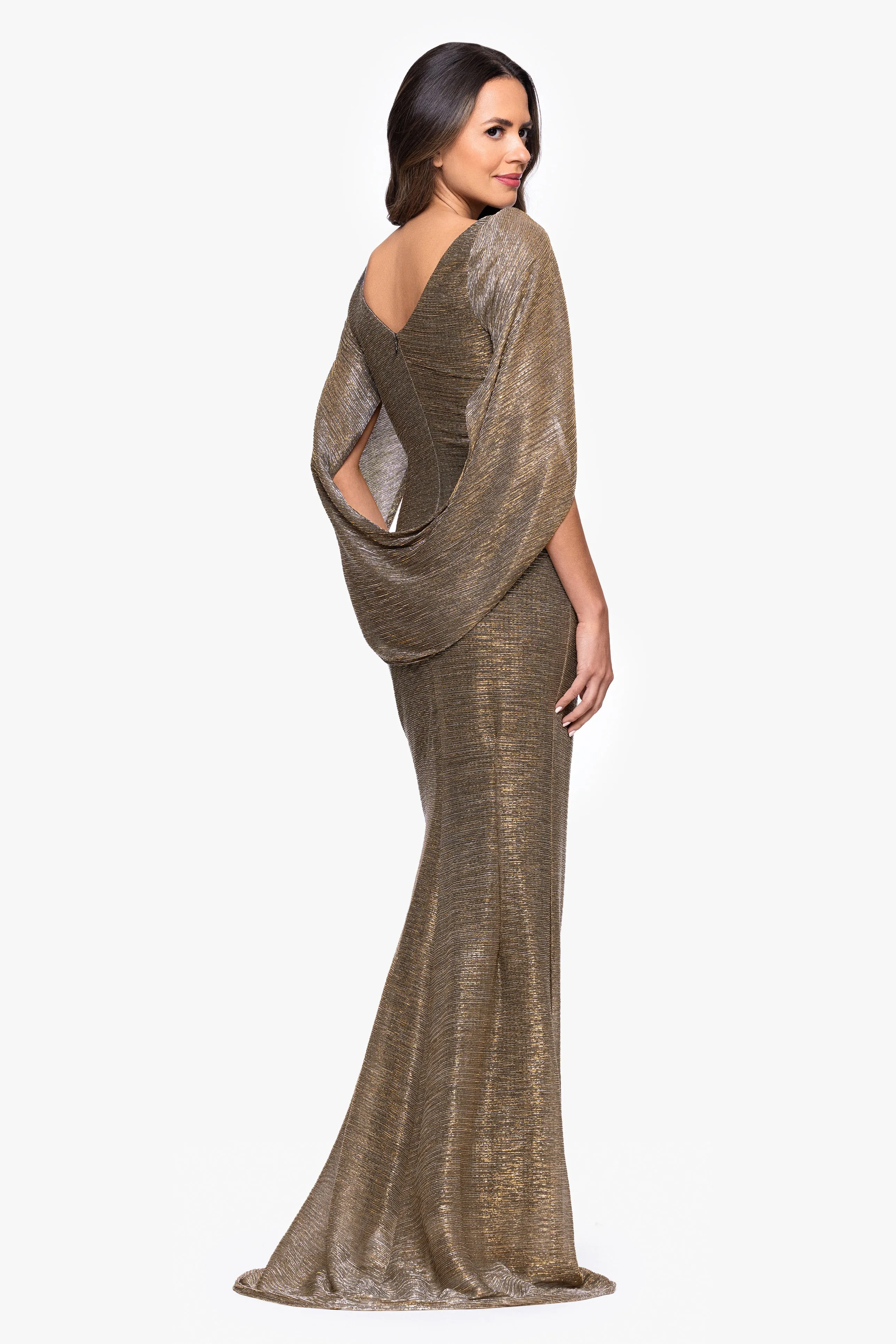 "Kaia" Metallic Crinkle Boat Neck Drape Sleeve Floor Length Dress sold by Betsy & Adam product image thumbnail 3