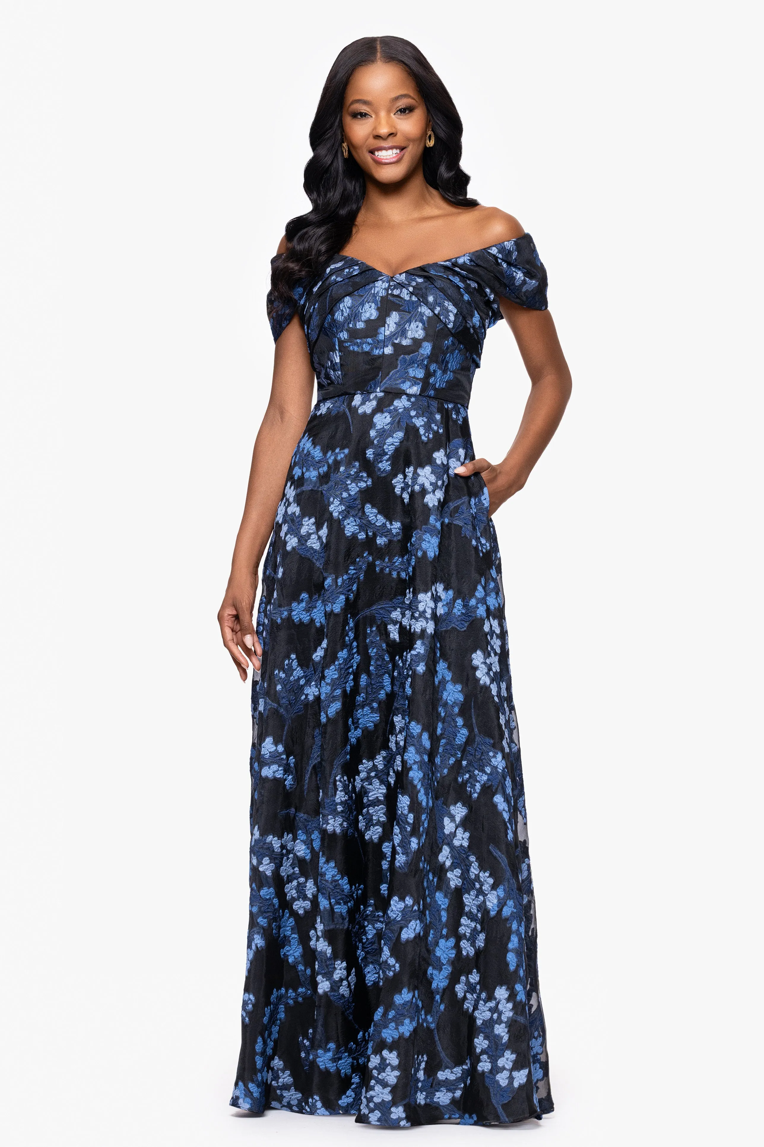 "Amaira" Organza Brocade Off the Shoulder Floor Length Dress sold by Betsy & Adam