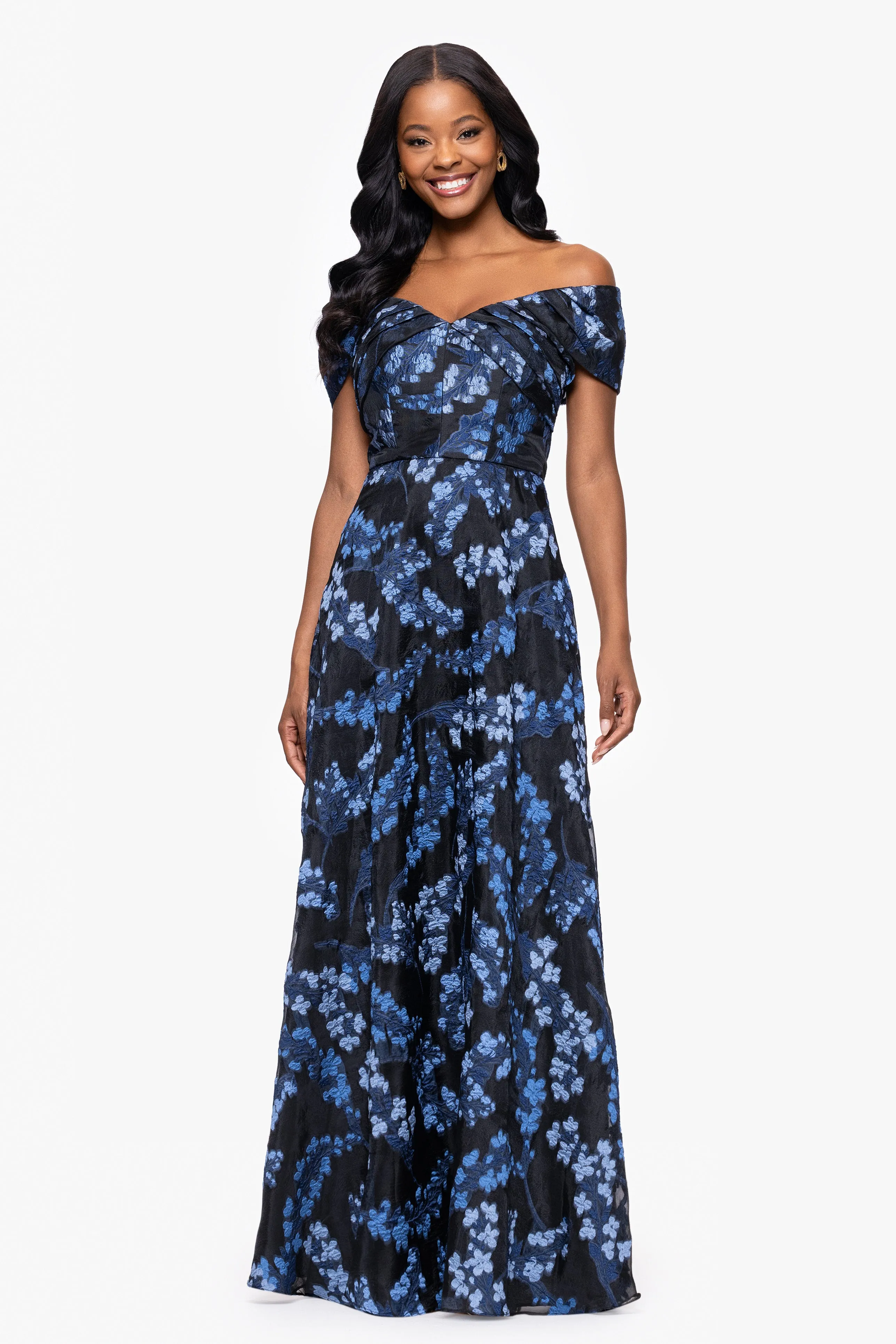 "Amaira" Organza Brocade Off the Shoulder Floor Length Dress sold by Betsy & Adam product image thumbnail 5