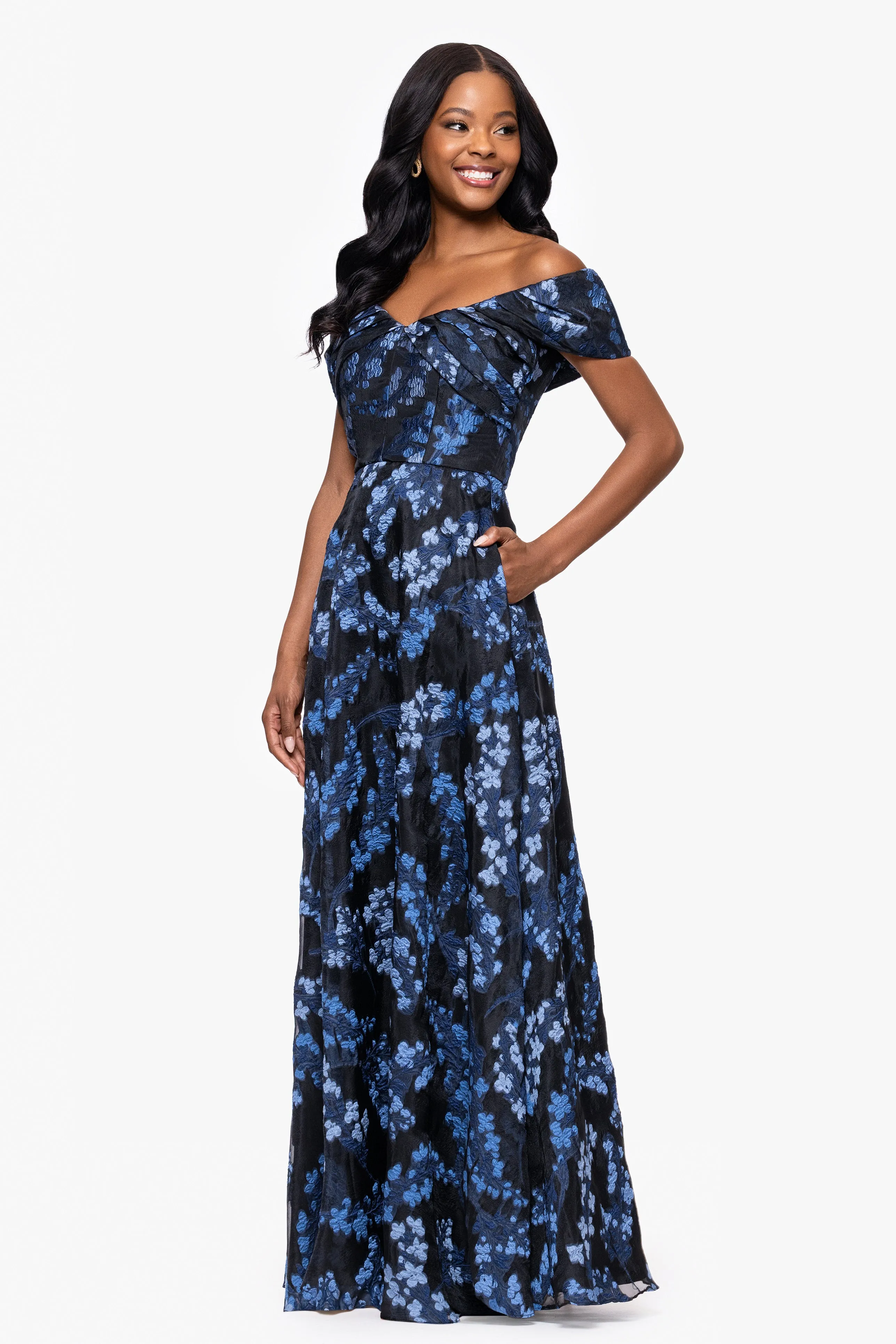 "Amaira" Organza Brocade Off the Shoulder Floor Length Dress sold by Betsy & Adam product image thumbnail 4