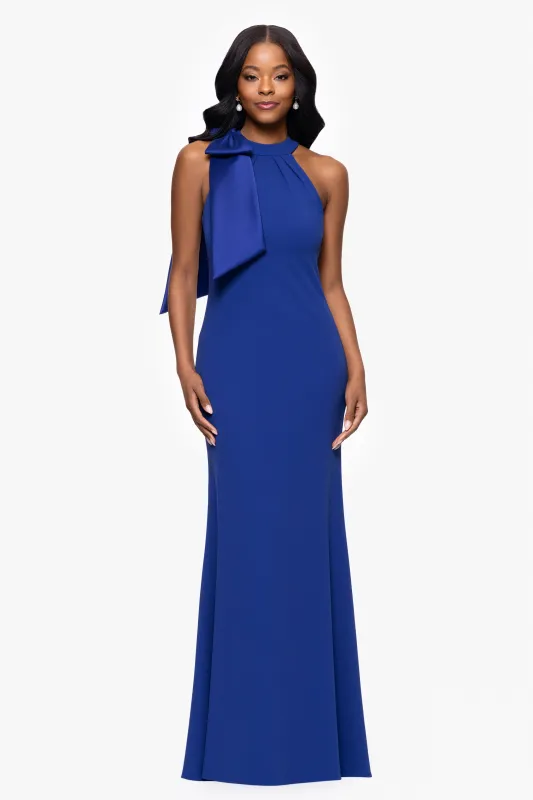 Petite "Laney" Long Scuba Crepe Dress With Satin Bow made by Betsy & Adam