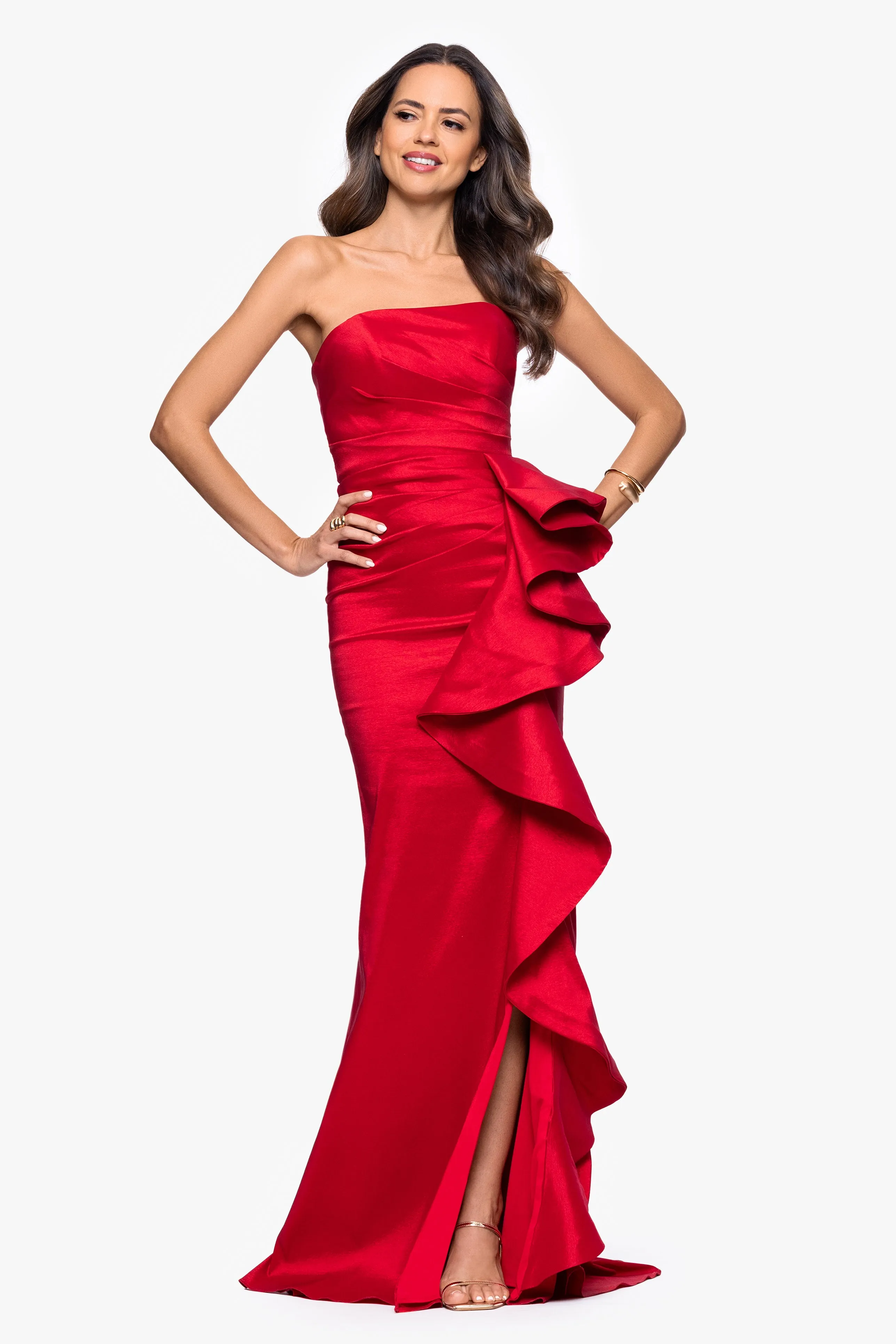 "Rowan" Taffeta Strapless Ruffle Floor Length Dress sold by Betsy & Adam