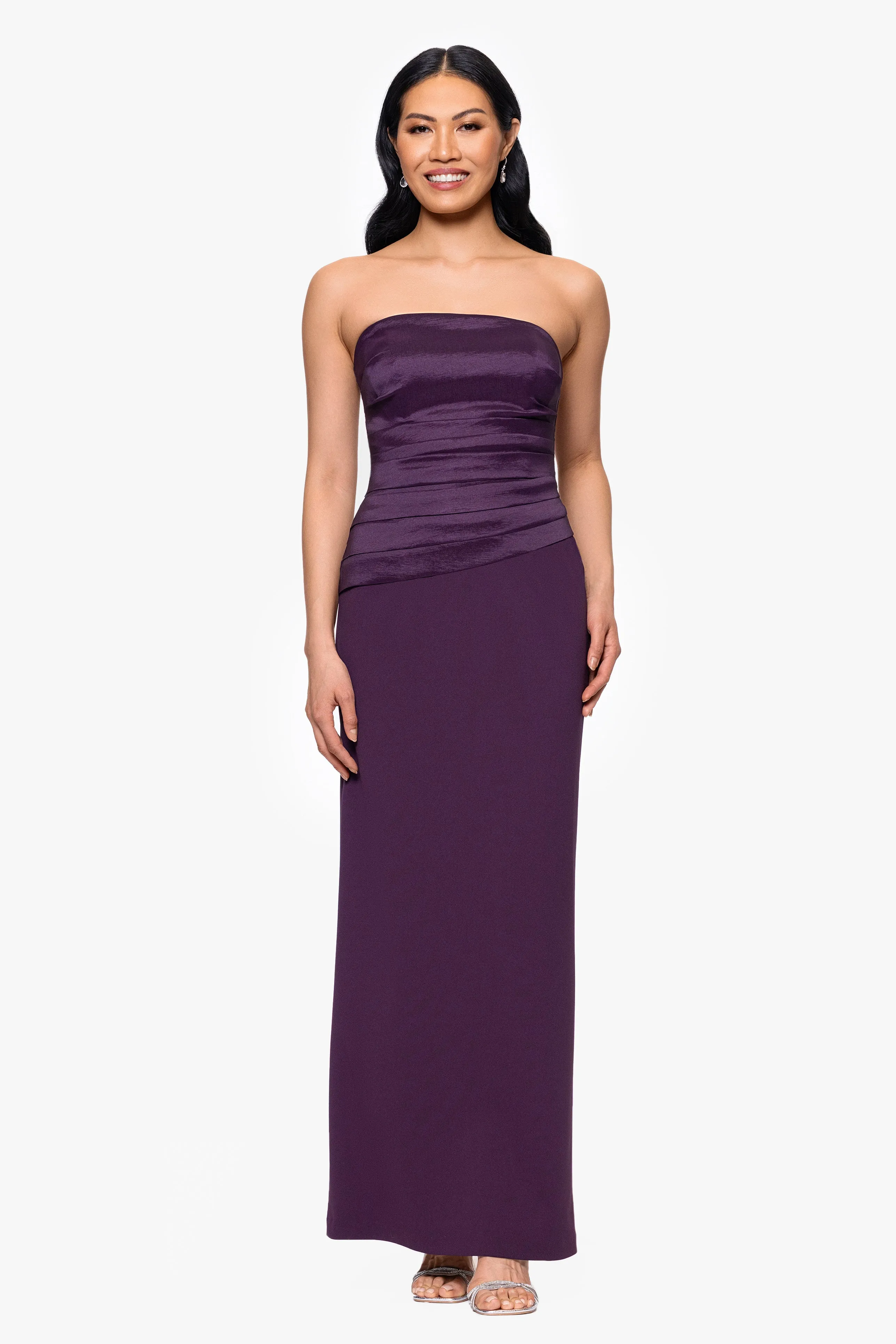 "Amaya" Scuba Crepe and Taffeta Bodice Strapless Floor Length Dress sold by Betsy & Adam
