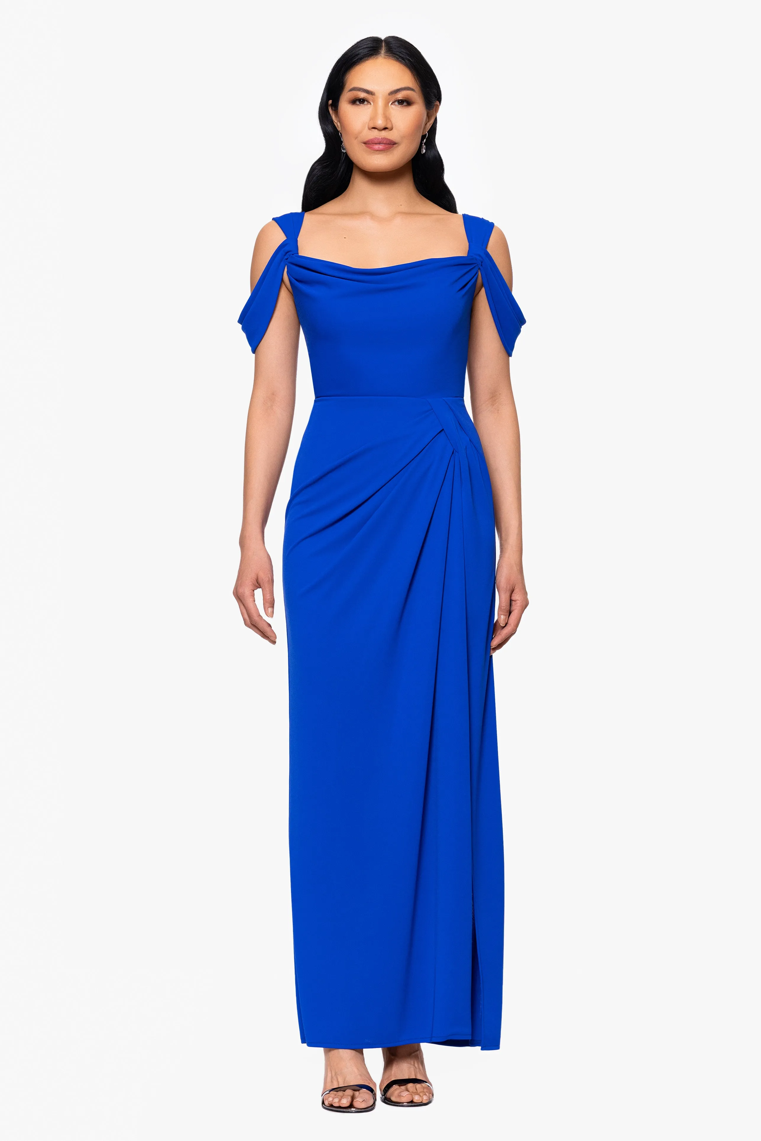 "Aderina" Matte Jersey Cold Shoulder Floor Length Dress sold by Betsy & Adam