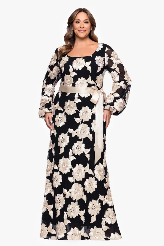Plus "Luciana" Soutache Mesh Waist Tie Long Sleeve Floor Length Dress sold by Betsy & Adam