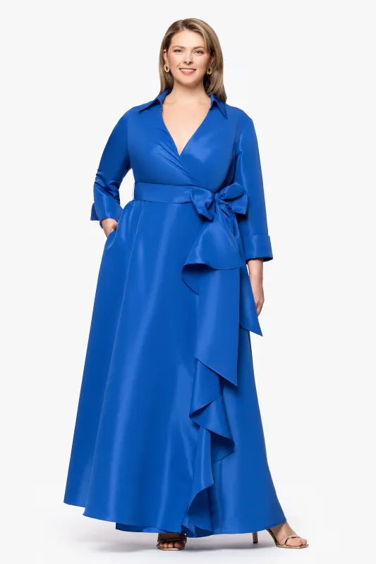 Plus "Beverly" Taffeta 3/4 Sleeve V-Neck A-Line Bow and Ruffle Floor Length Dress sold by Betsy & Adam